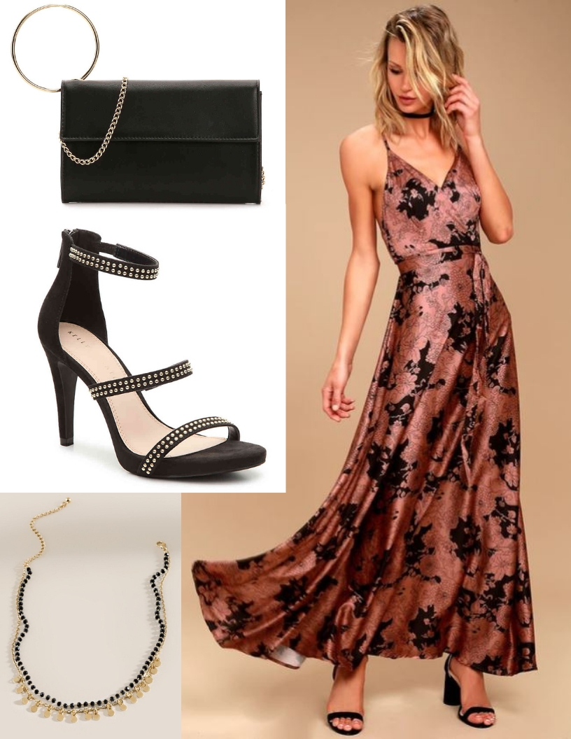 rose gold and black silky dress, black choker