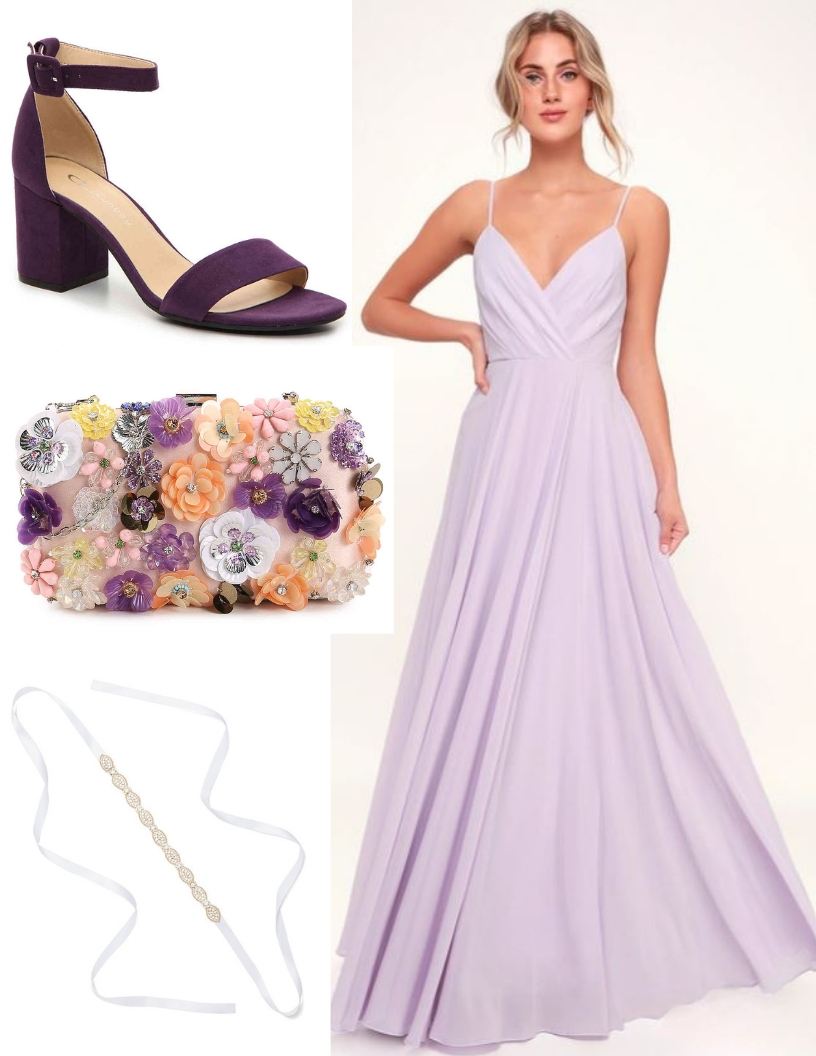 lavender prom dress, floral beaded clutch, purple shoes