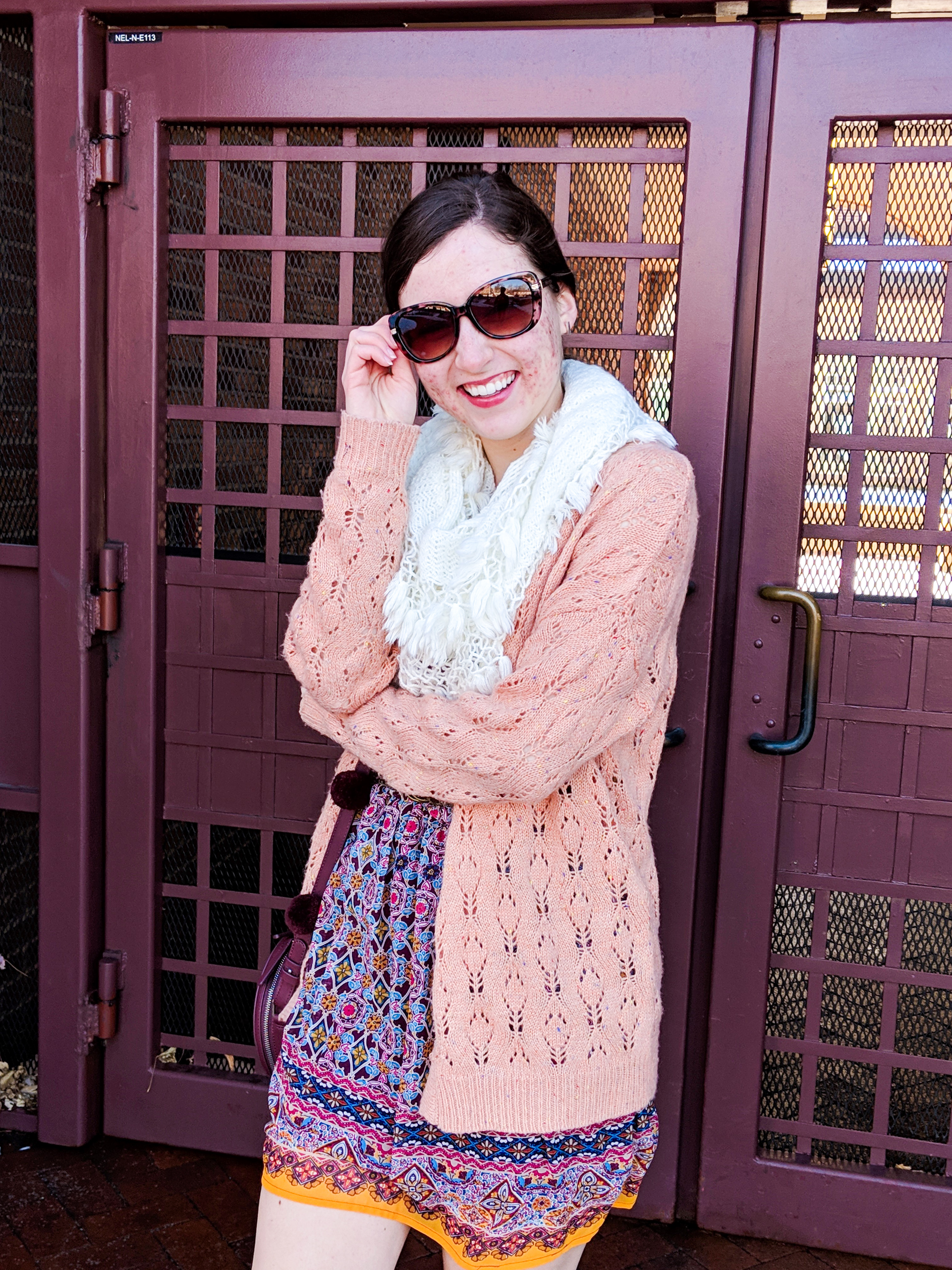 coral sweater, white infinity scarf, burgundy patterned dress