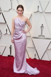 Emilia Clarke's lavender shimmery Balmain gown