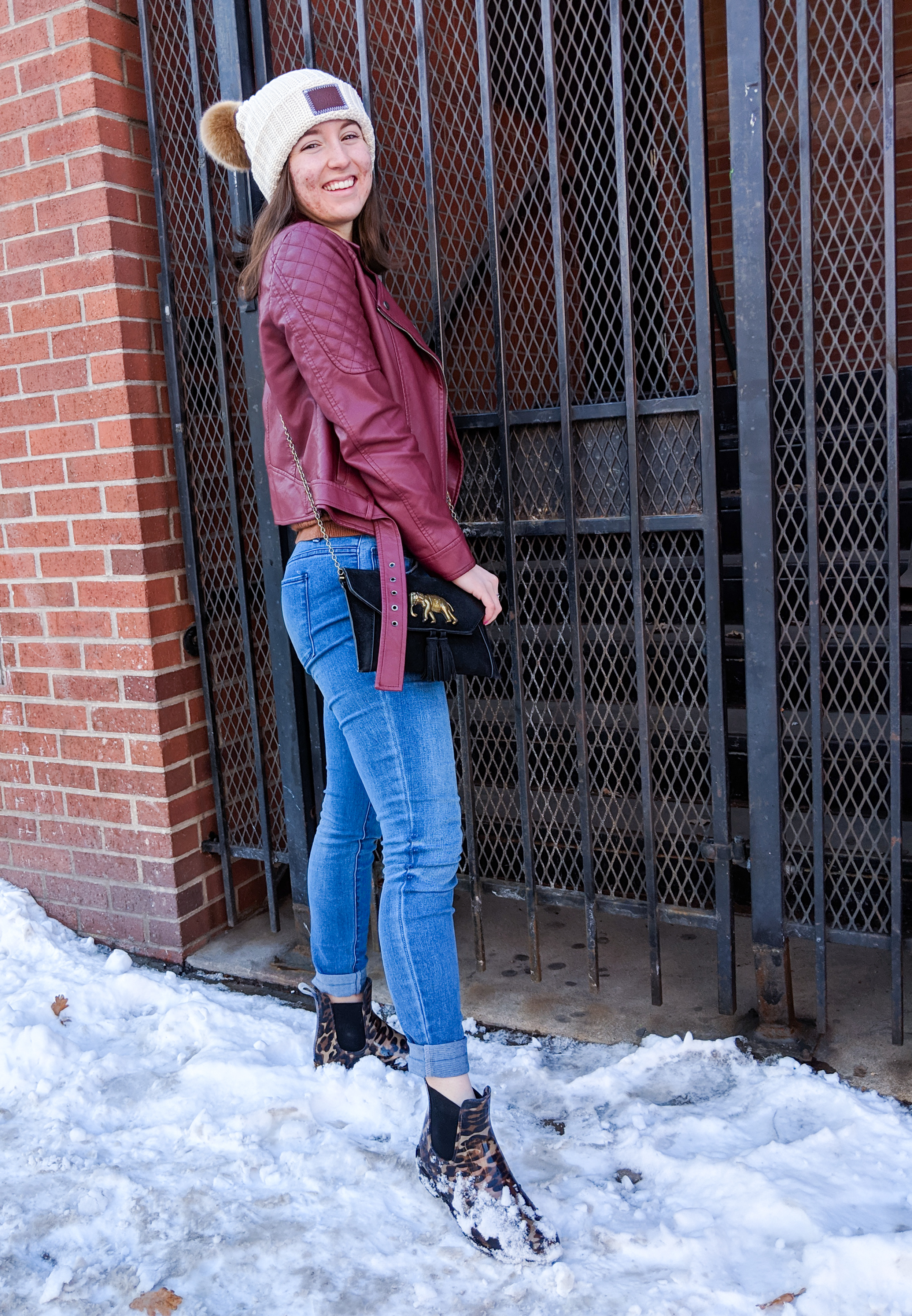 winter outfit, winter layers, blue jeans, quilted leather jacket