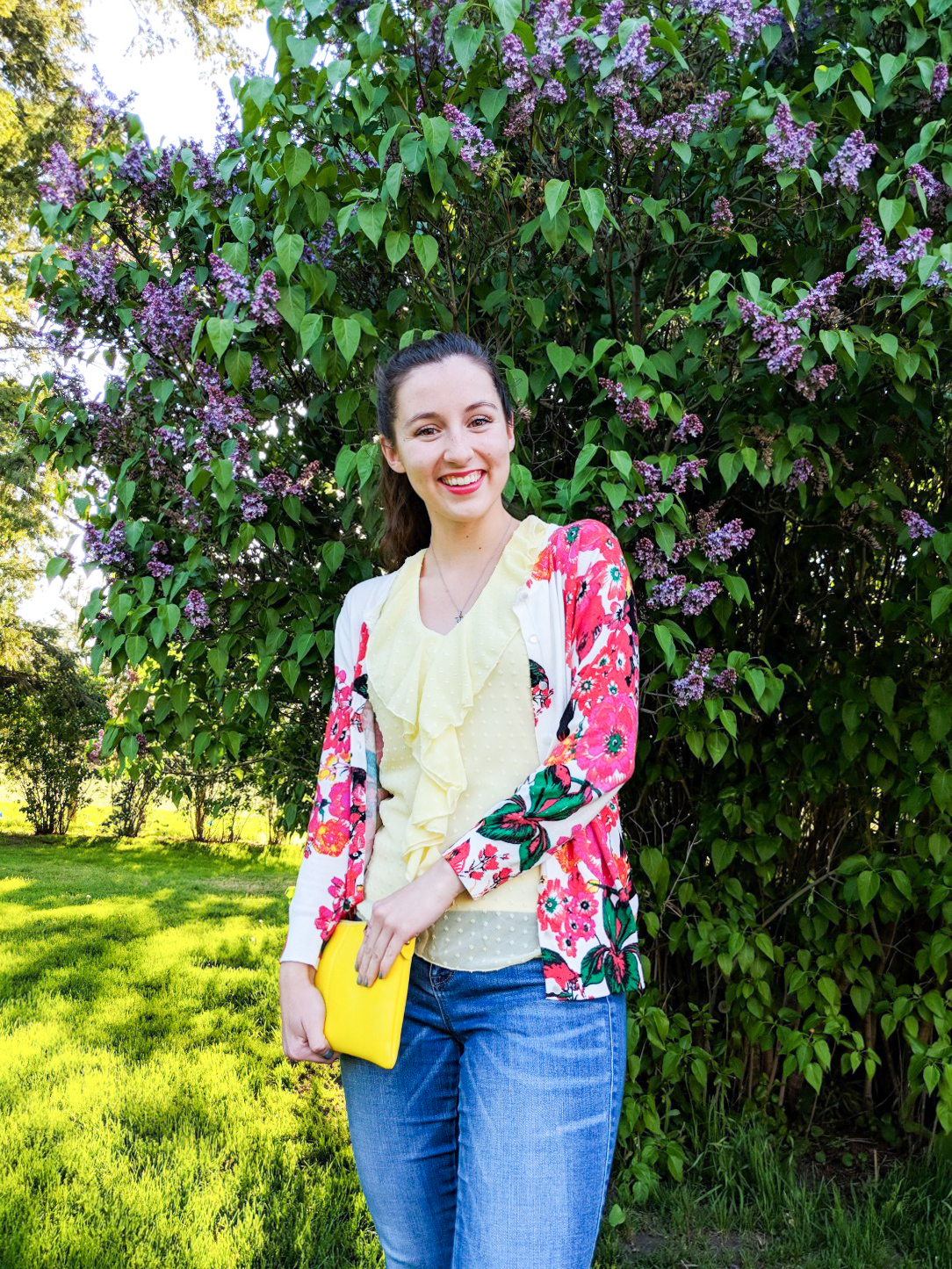 spring outfits, floral cardigan, yellow blouse, pink lipstick