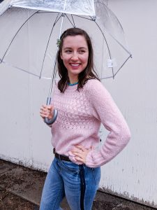 tuxedo stripe jeans, pink sweater, turquoise necklace