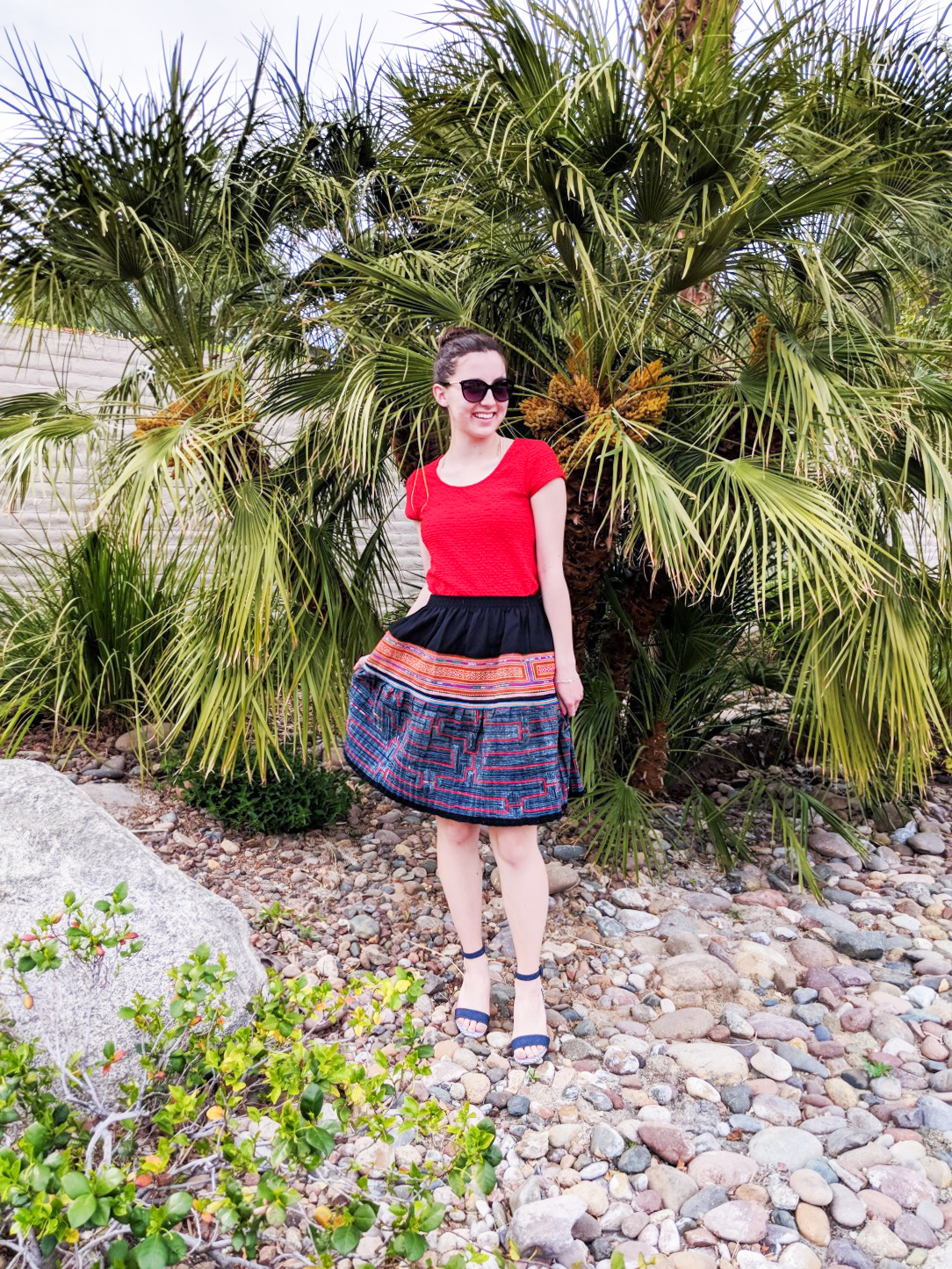 bold colors, red blouse, patterned skirt, Easter outfit