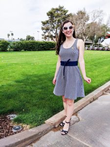 pinstripe dress, blue belt, navy heels, Easter dress