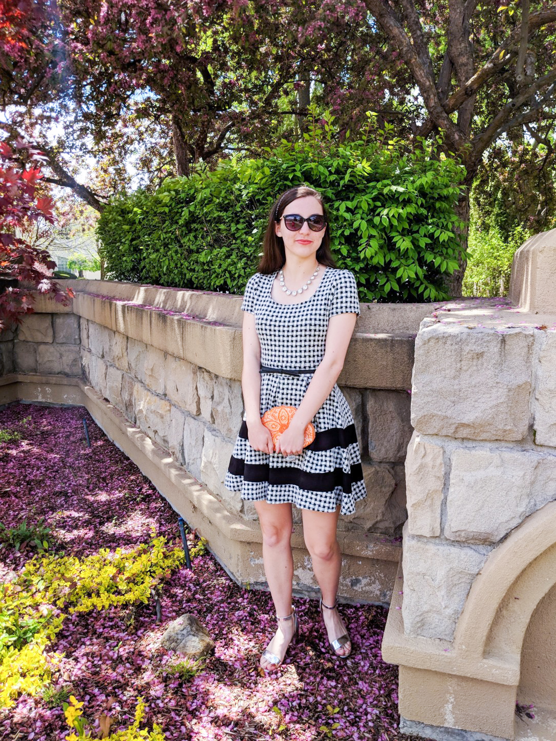 Easter outfit, checkered dress, orange purse, silver heels
