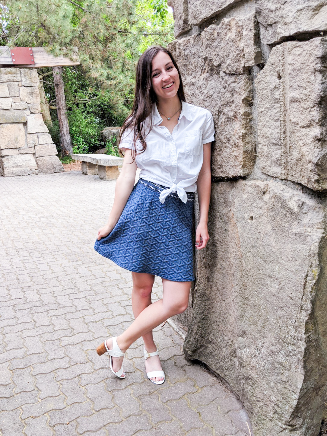 blue textured skirt, white heels, knotted white blouse, Easter outfit