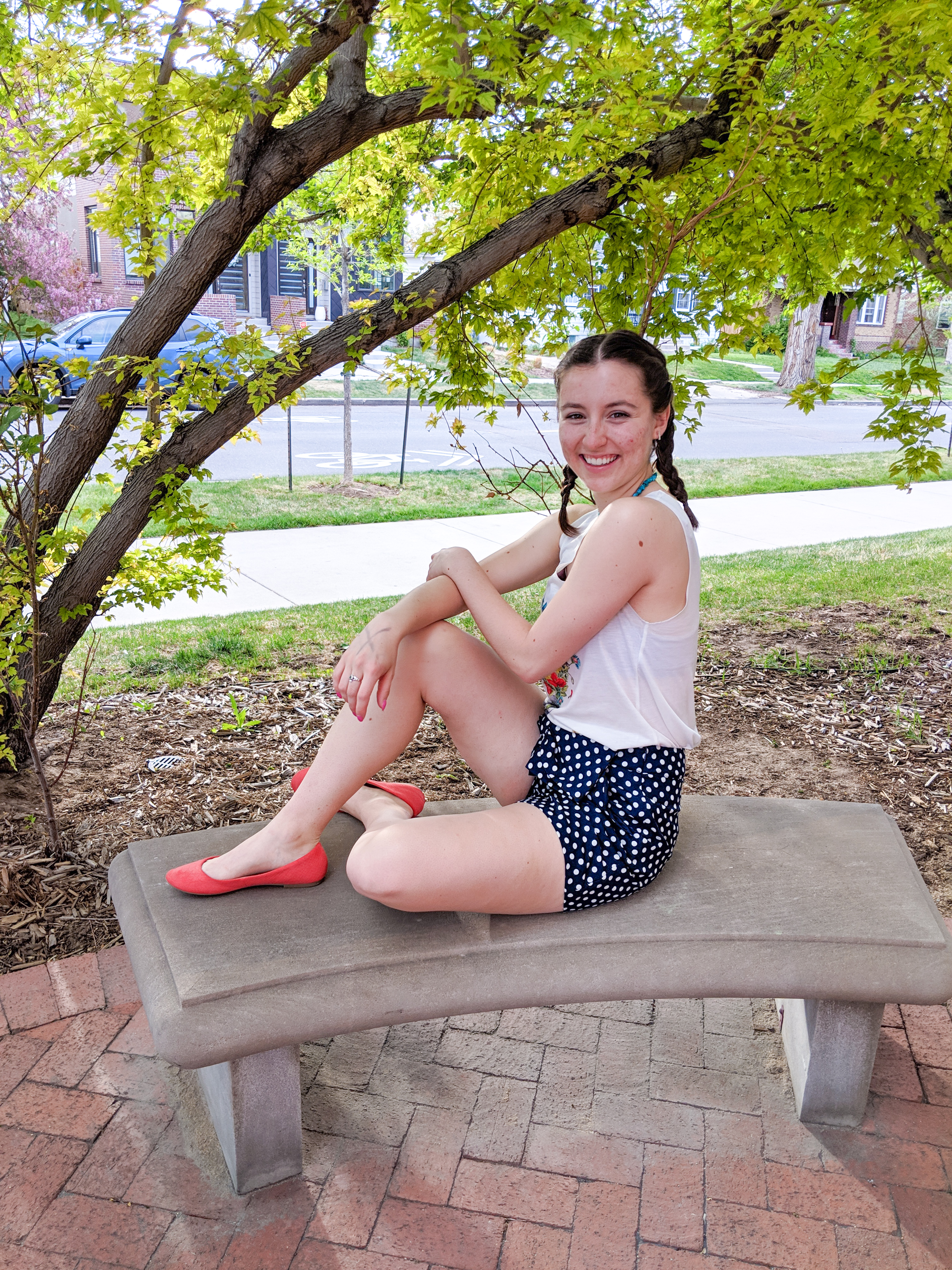 spring outfit, polka dot shorts, colorful spring outfit