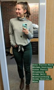 grey turtleneck, green pants, brown booties