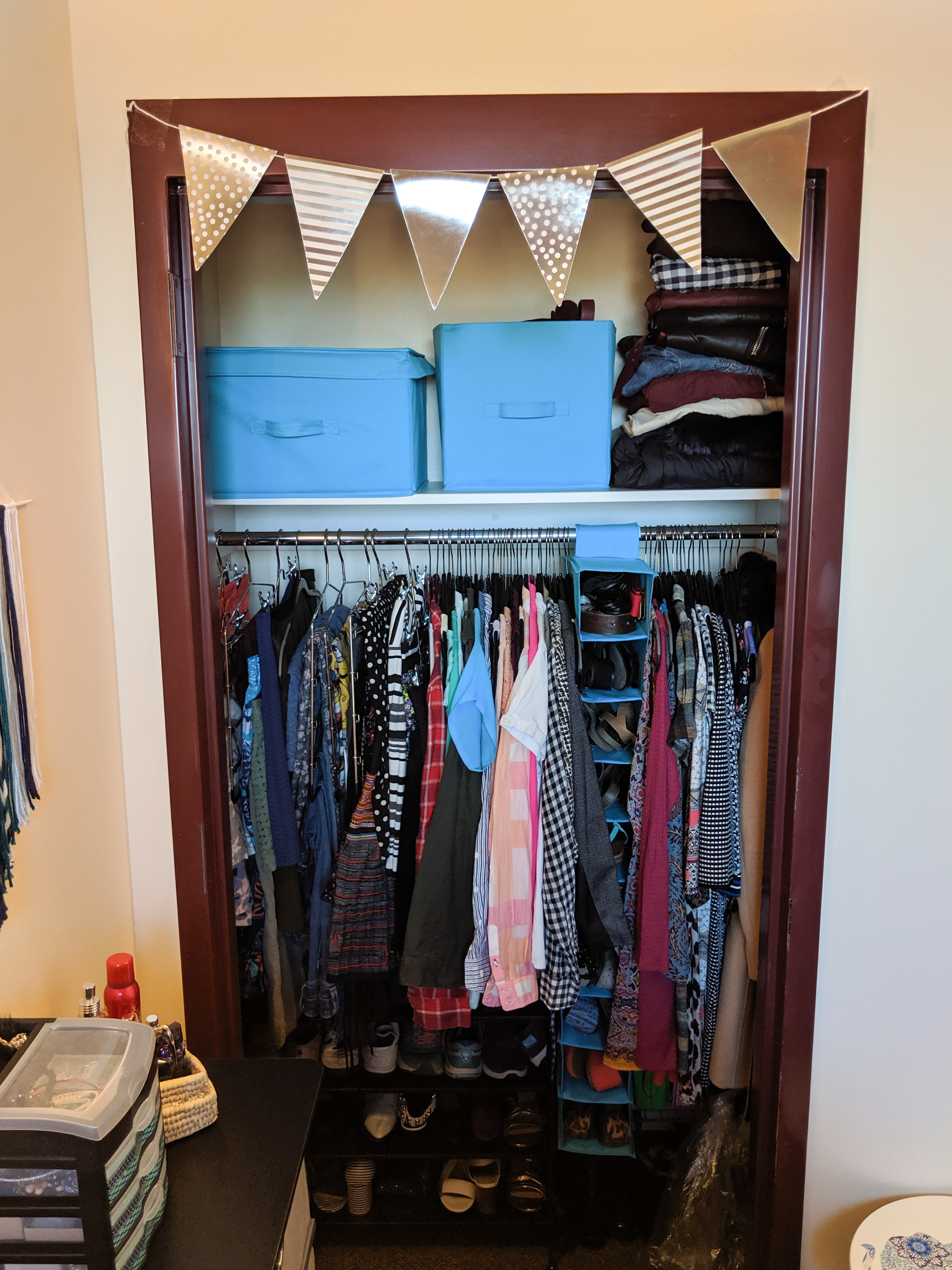 organized dorm room closet