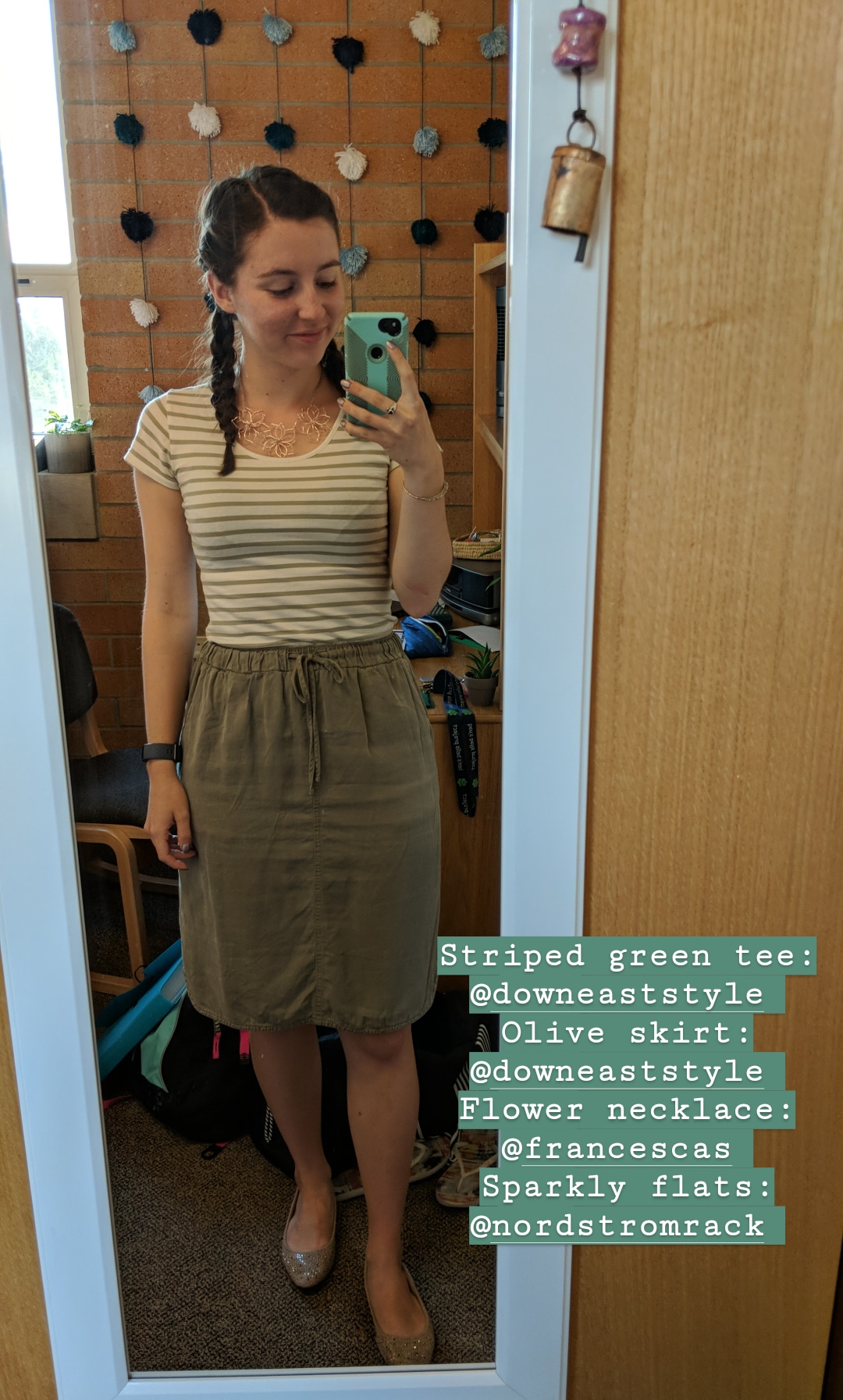 olive striped tee, olive skirt, Down East style