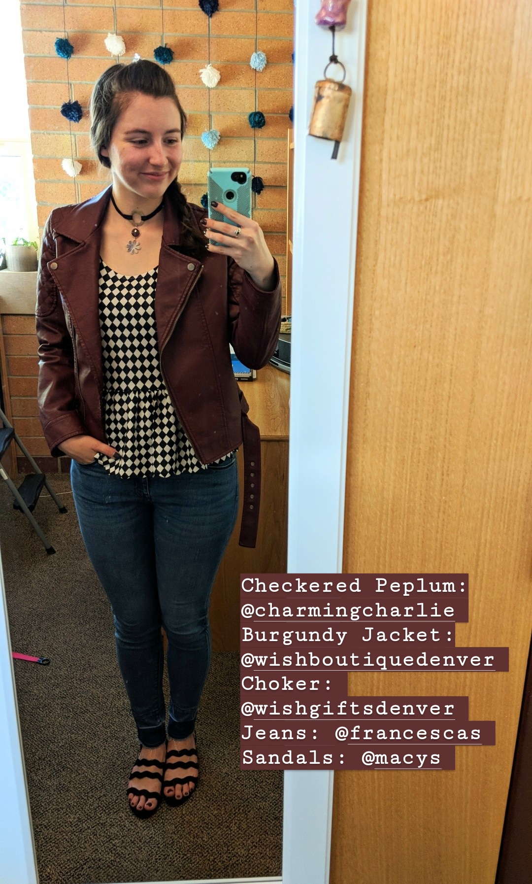 checkered peplum top, fall outfit, burgundy jacket