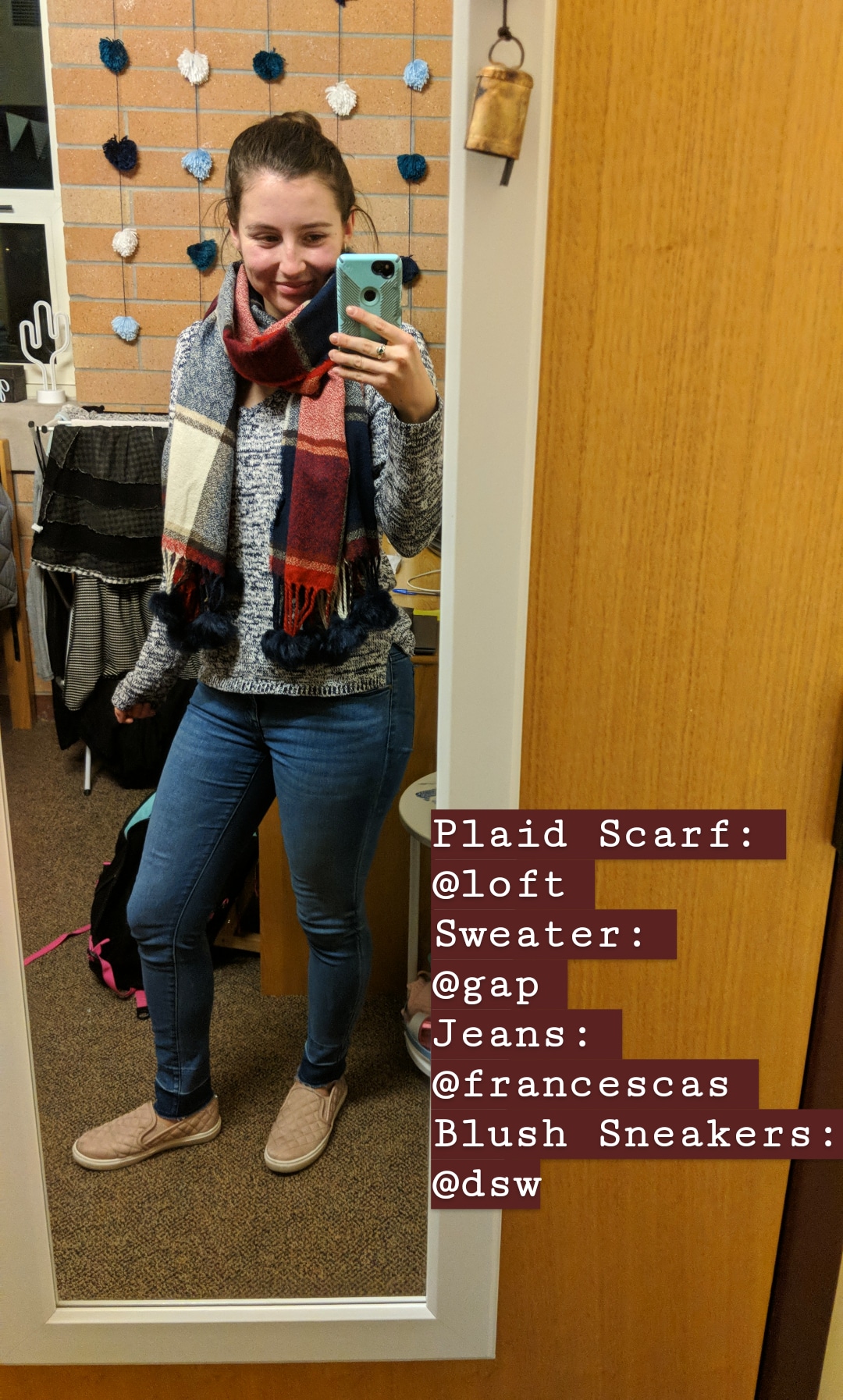 casual winter outfit, plaid blanket scarf, pom poms, skinny jeans, blush sneakers