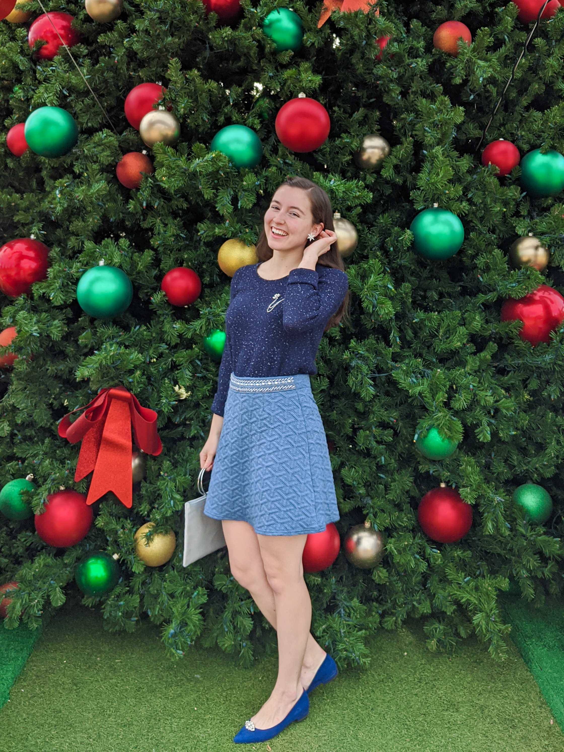 Christmas outfit, winter wonderland, blue suede shoes, holiday flats
