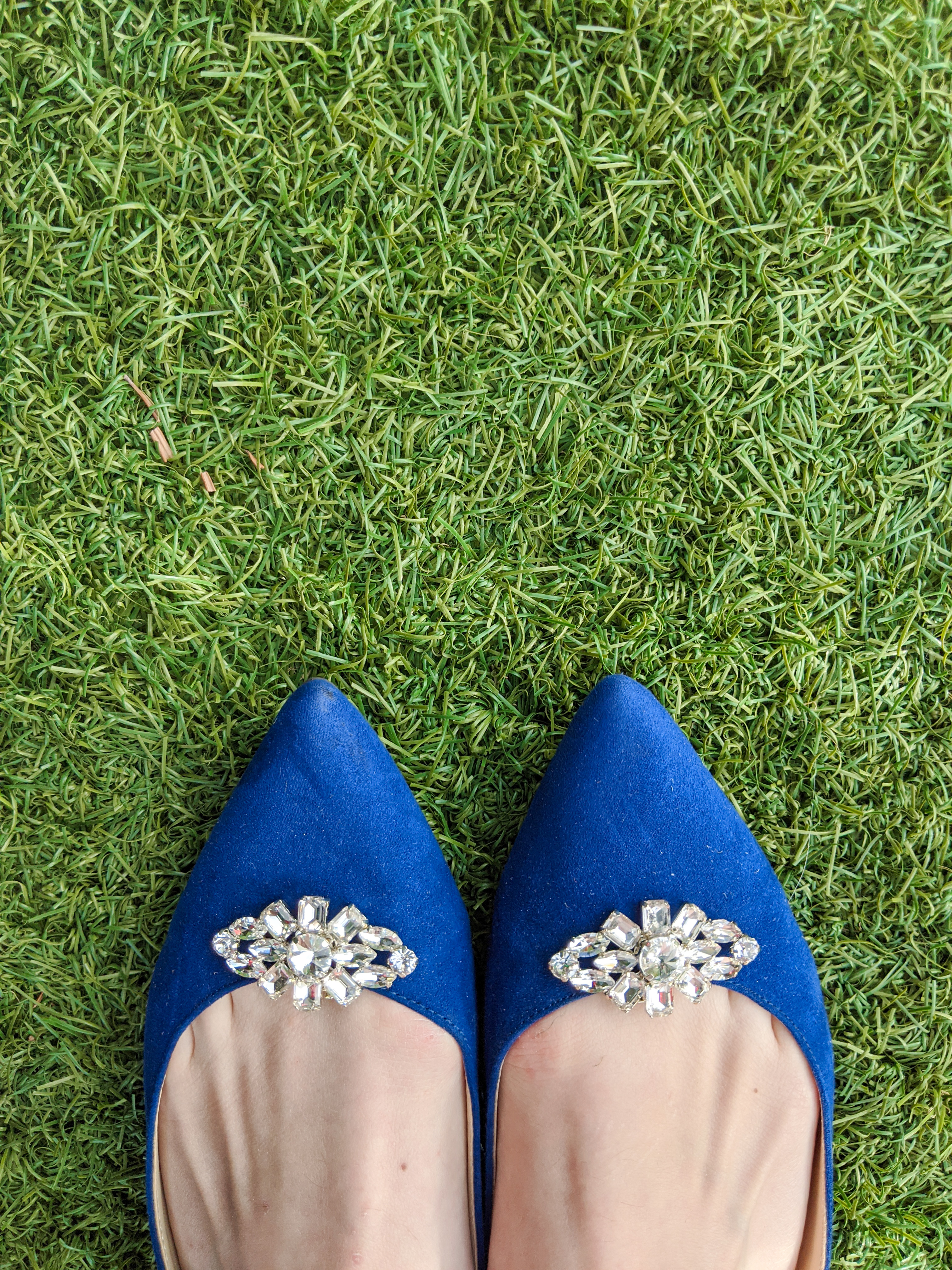 blue suede shoes, pointed flats, DSW, Sam Edelman, sparkly shoe clips, shoe clips