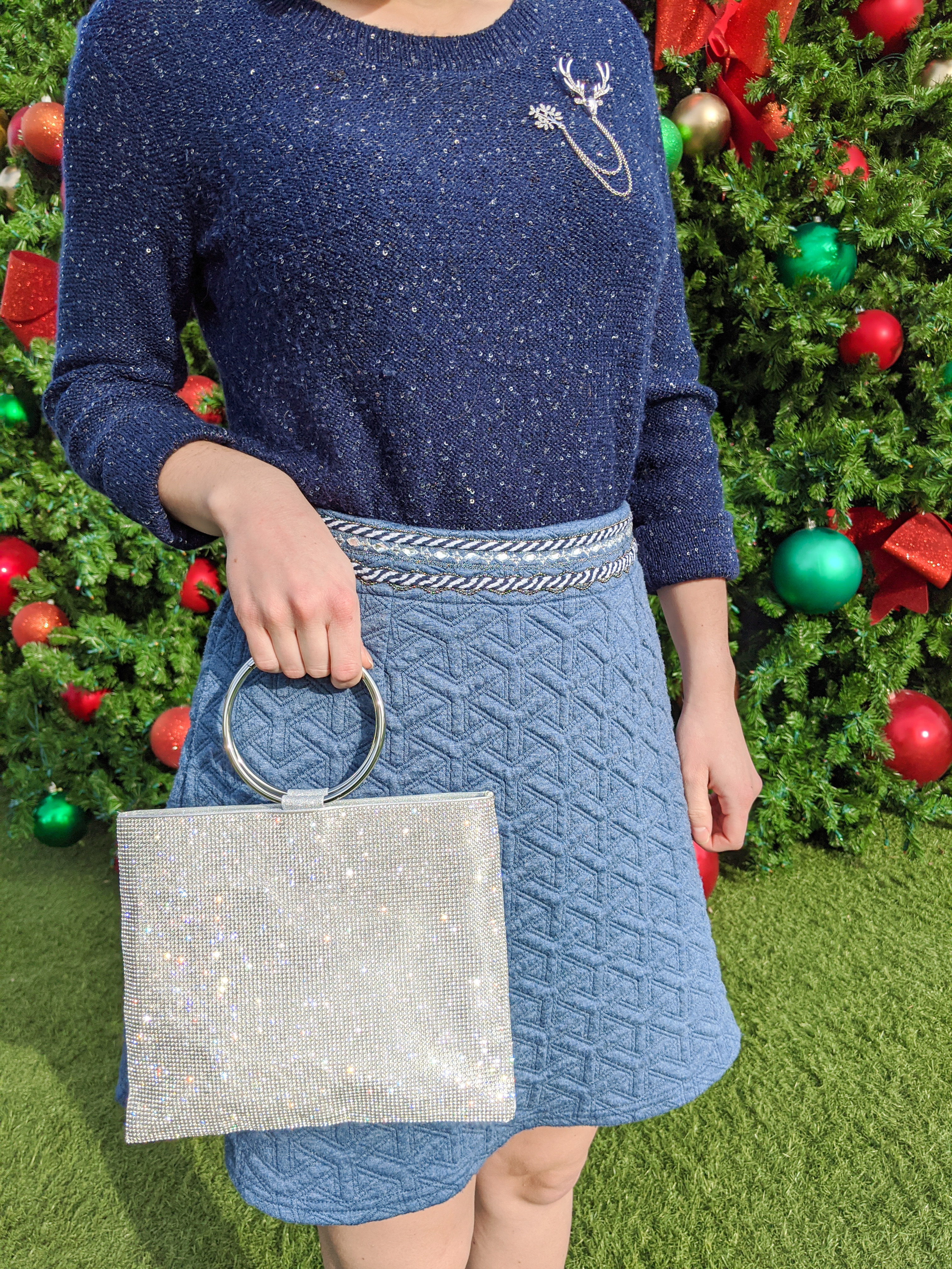 sparkly purse, DSW, reindeer brooch, sparkly accessories