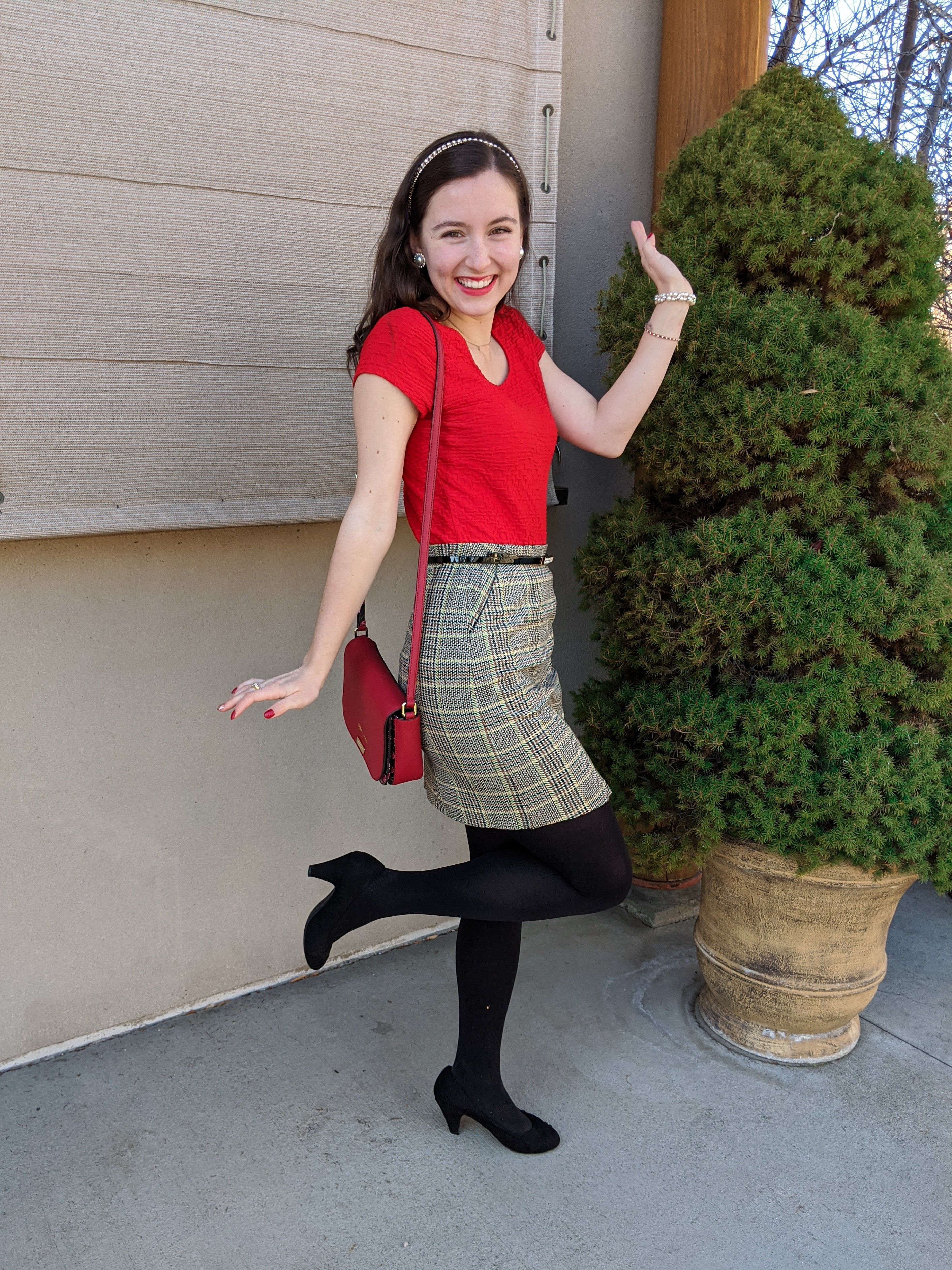 red blouse, plaid skirt, black tights, holiday look