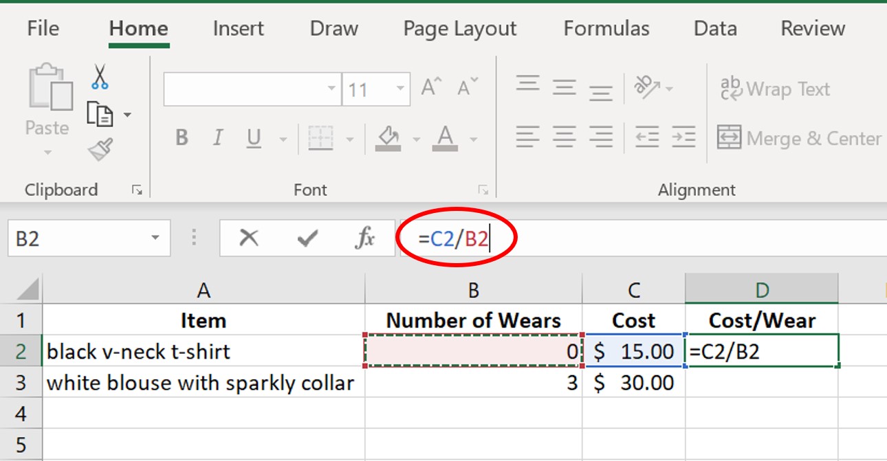 how to make a cost per wear spreadsheet
