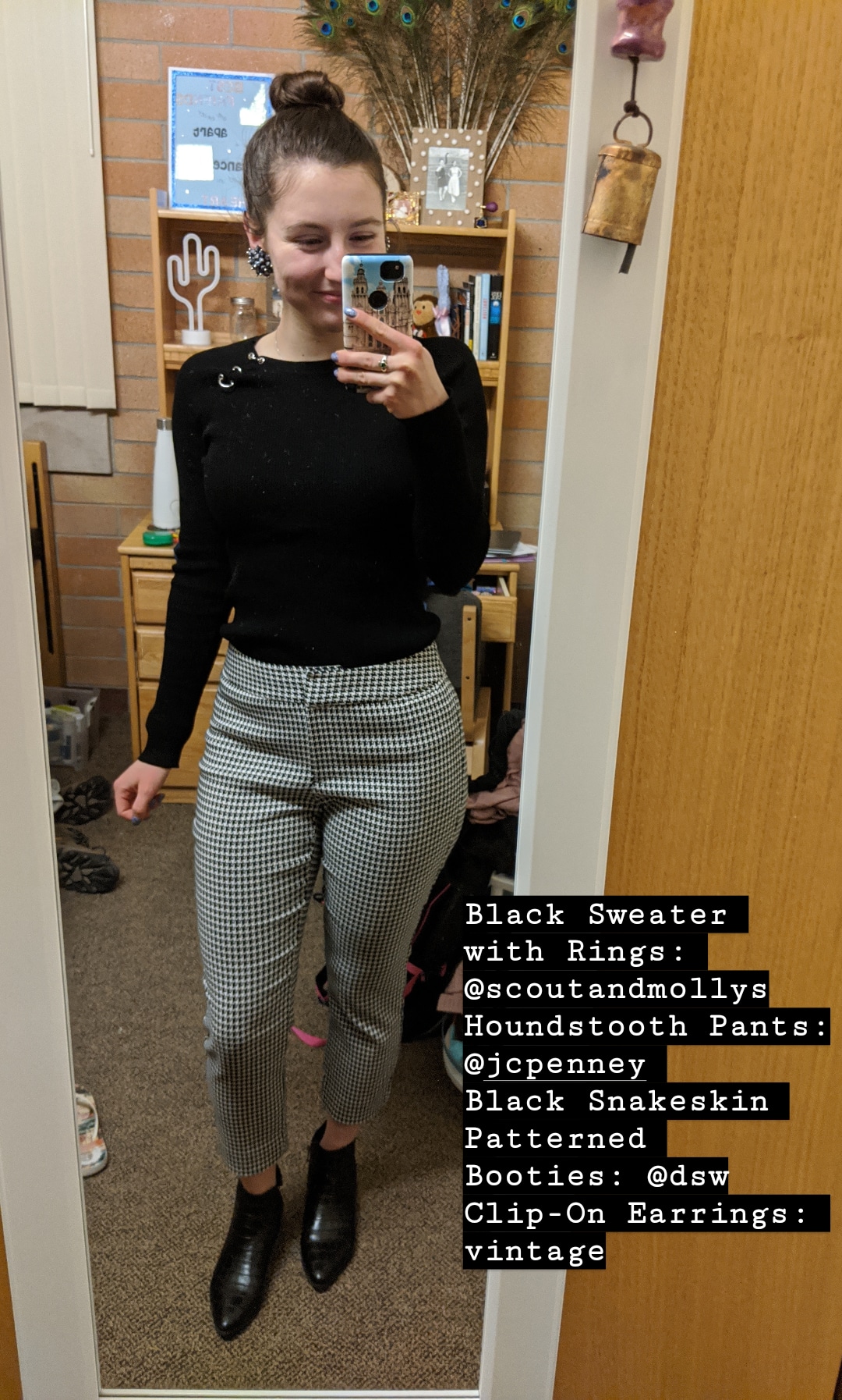 black sweater, houndstooth pants, black booties