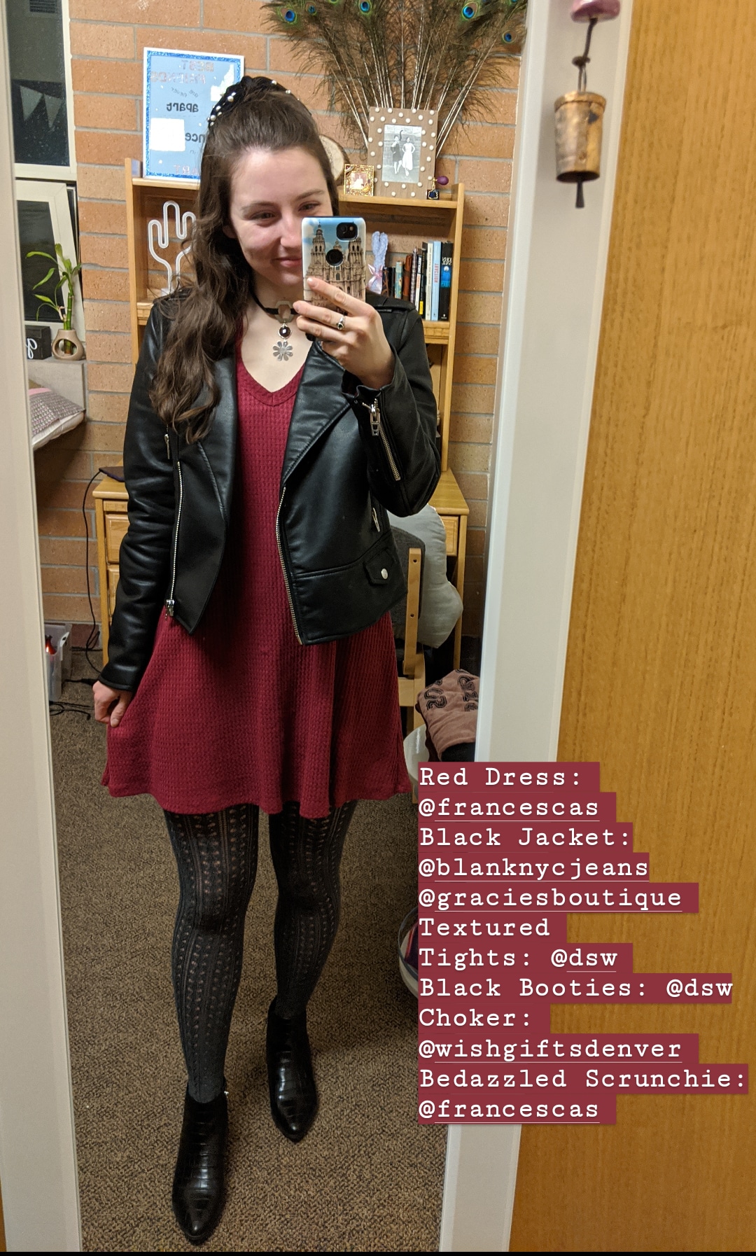 red dress, black pleather jacket, edgy outfit