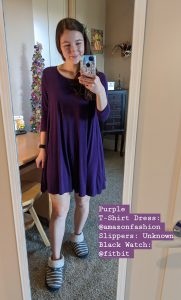 purple t-shirt dress, swing dress, slippers, quarantine outfit