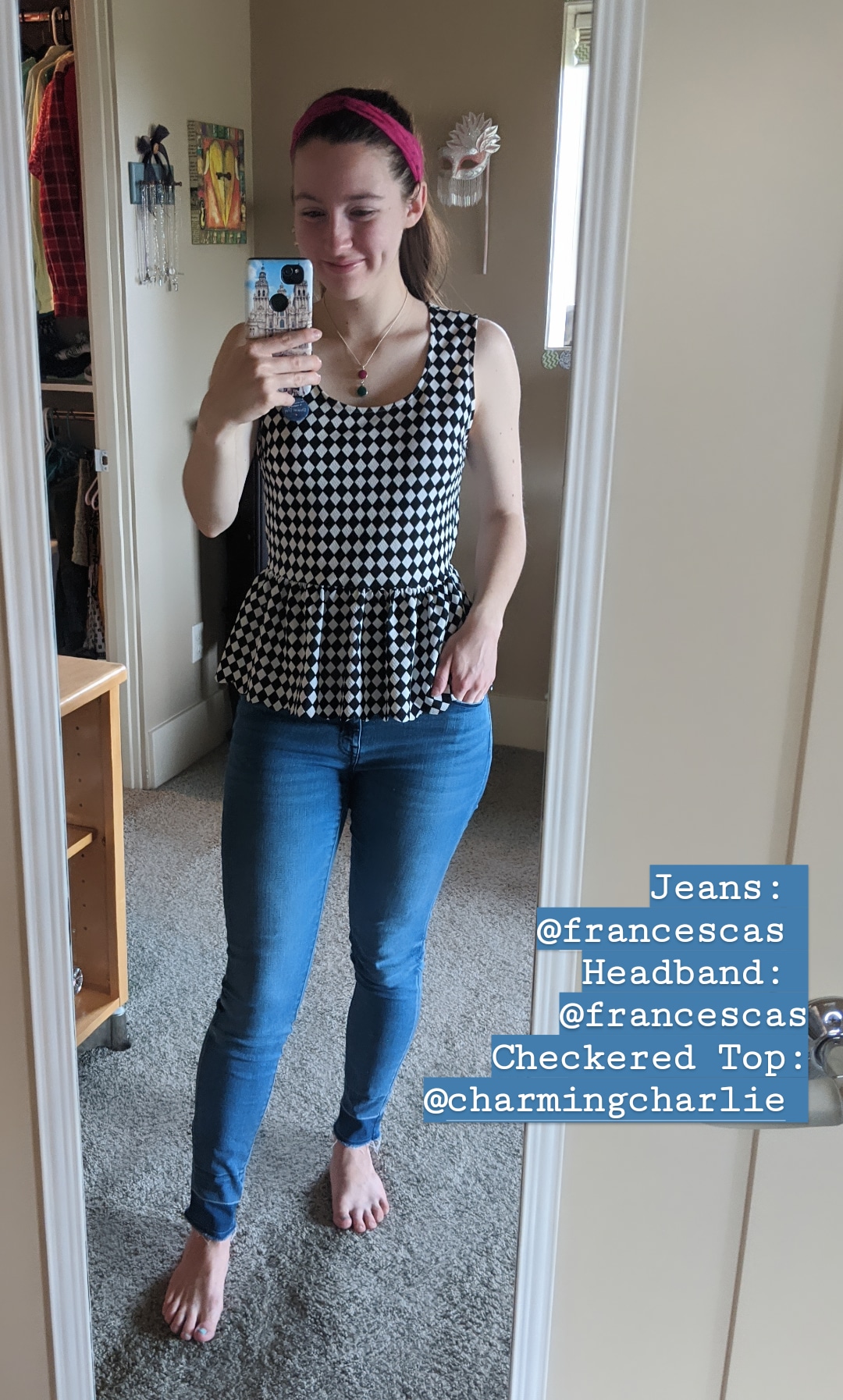black and white checkered, peplum top, skinny jeans, Francesca's