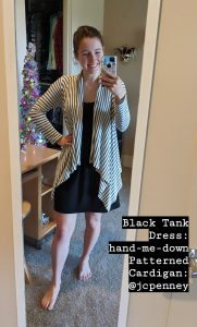 swing cardigan, black and white checkered, black tank dress, hand-me-downs