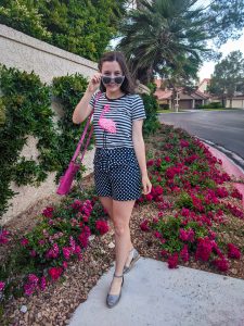 navy on navy, stripes and polka dots, summer outfit, pop of pink