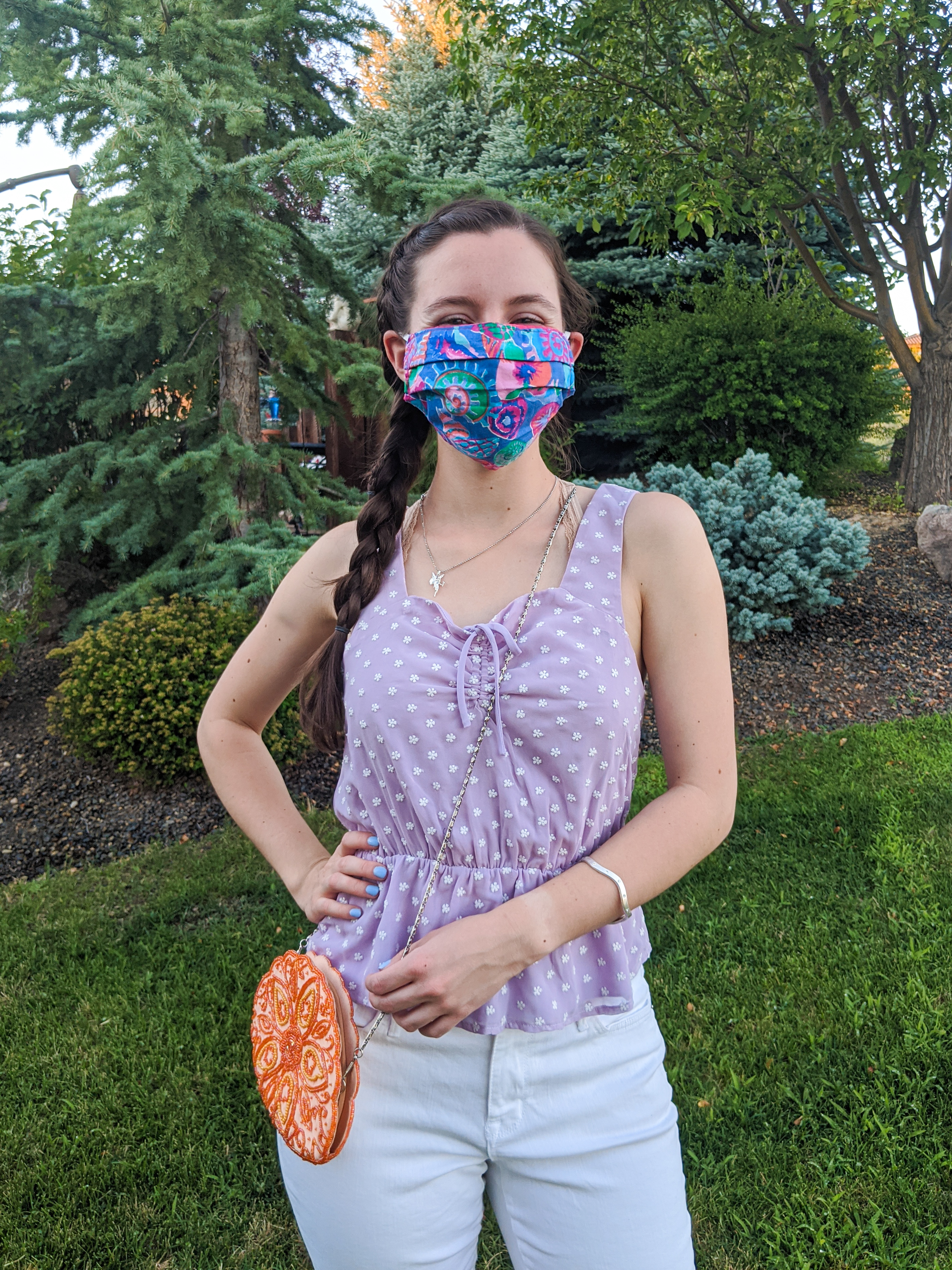 colorful-face-mask-lavender-top-orange-purse