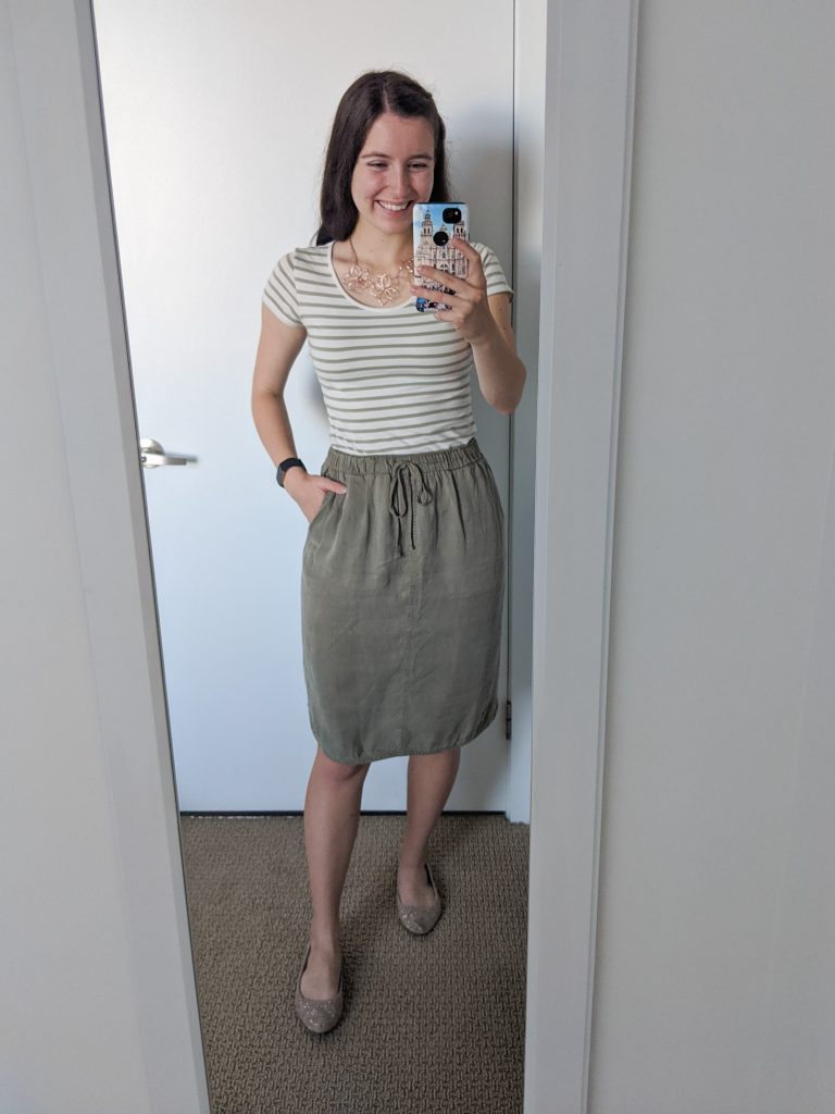striped-tee-olive-green-skirt-down-east-style-rose-gold-necklace
