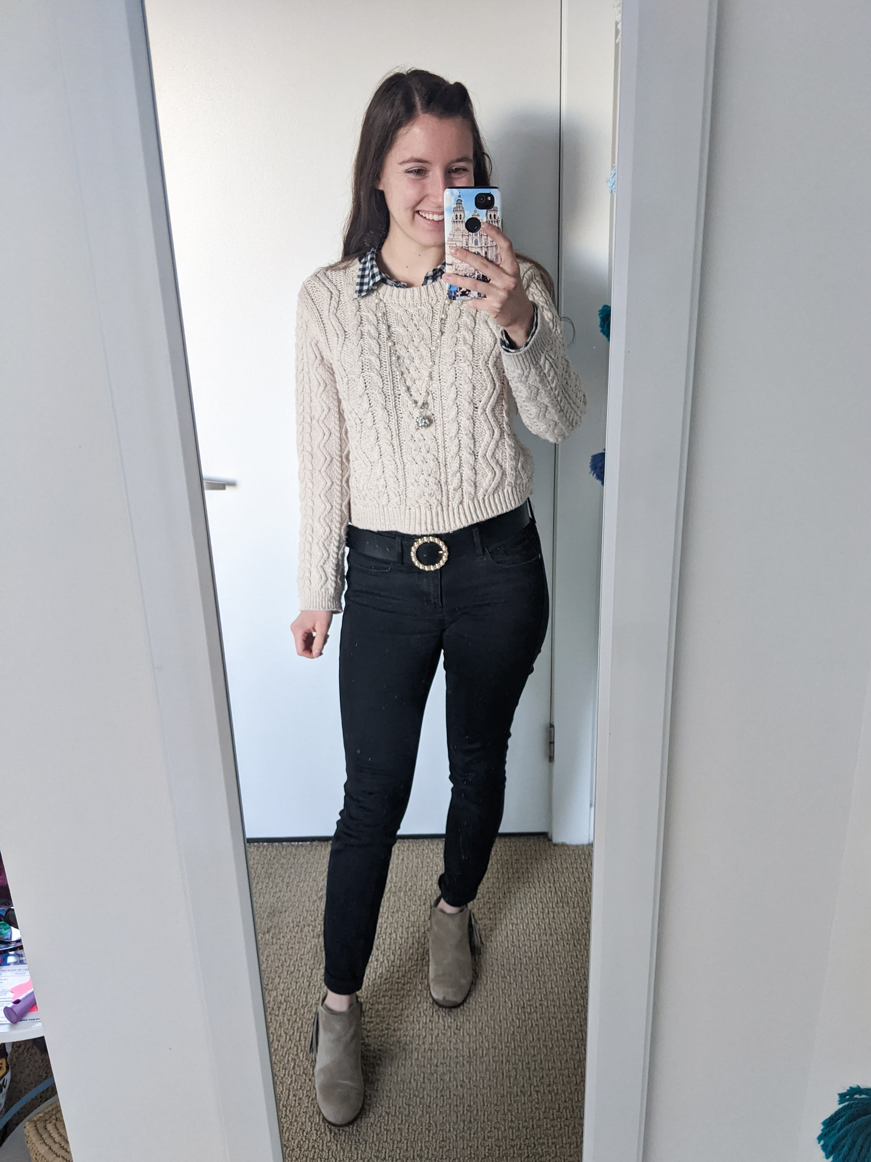 collared-shirt-gingham-sweater-preppy-pearl-belt