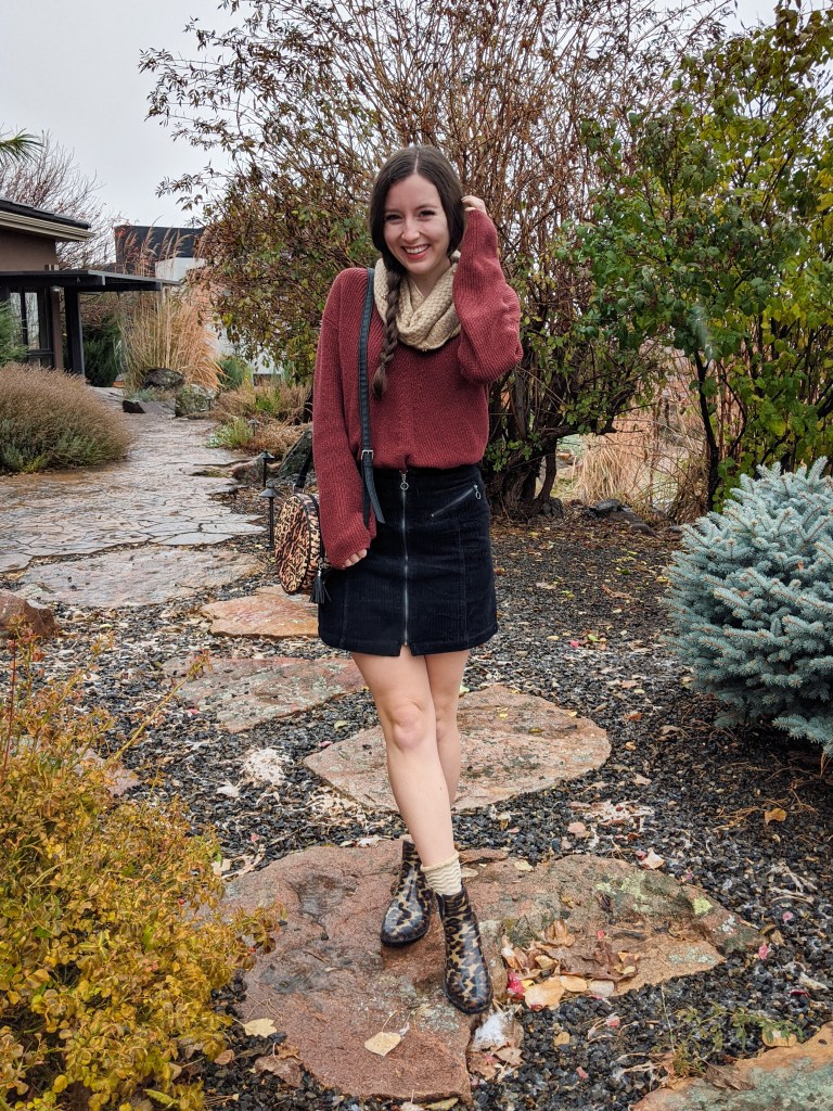 rust-colored-sweater-sparkly-sweater-weather-boise-blogger-corduroy-skirt