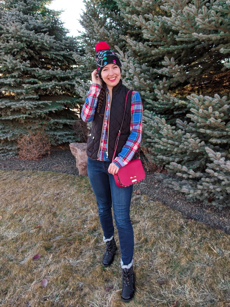 red-kate-spade-purse-skinny-jeans-flannel-vest-winter-outfit