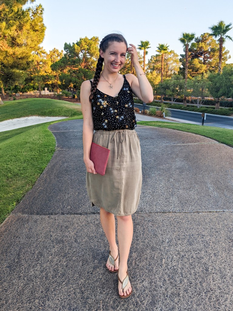 cabi-tank-top-olive-green-skirt-brown-sandals