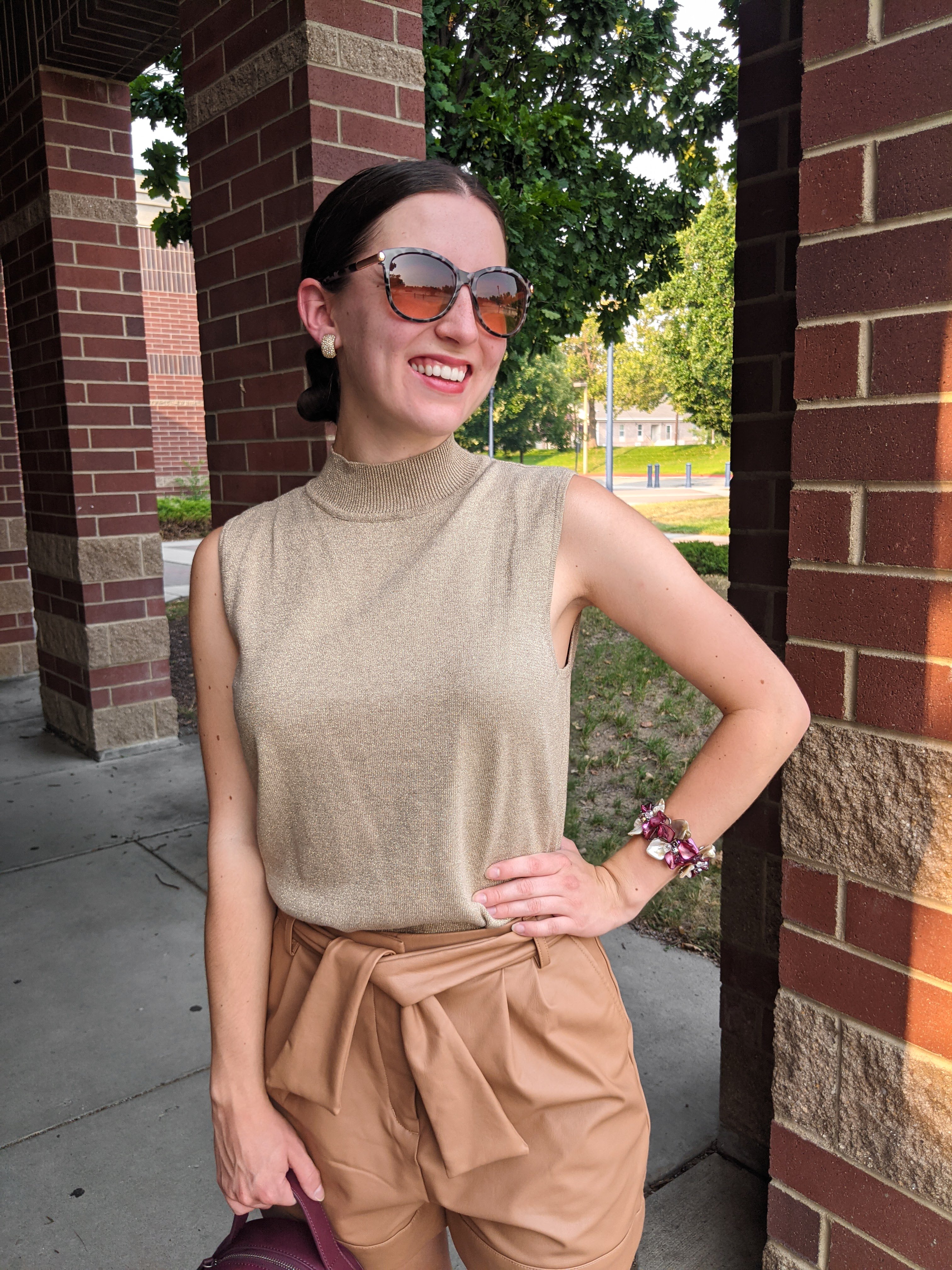 mock-neck-top-thrifted-secondhand-pleather-shorts-express