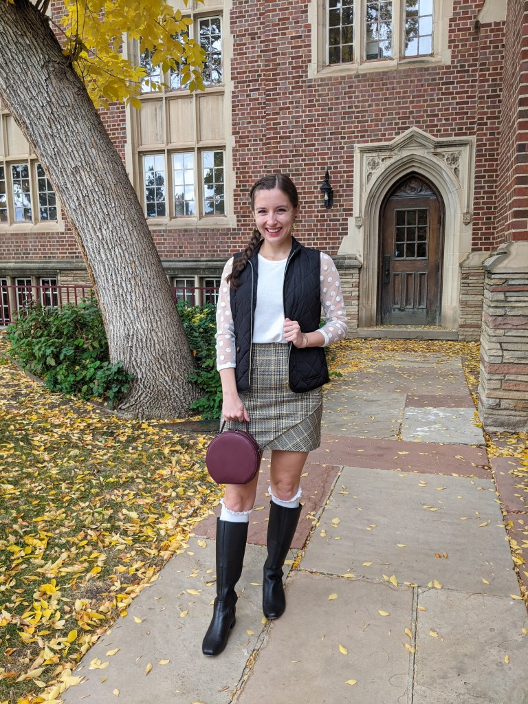 quilted-vest-plaid-skirt-polka-dot-top-preppy-style
