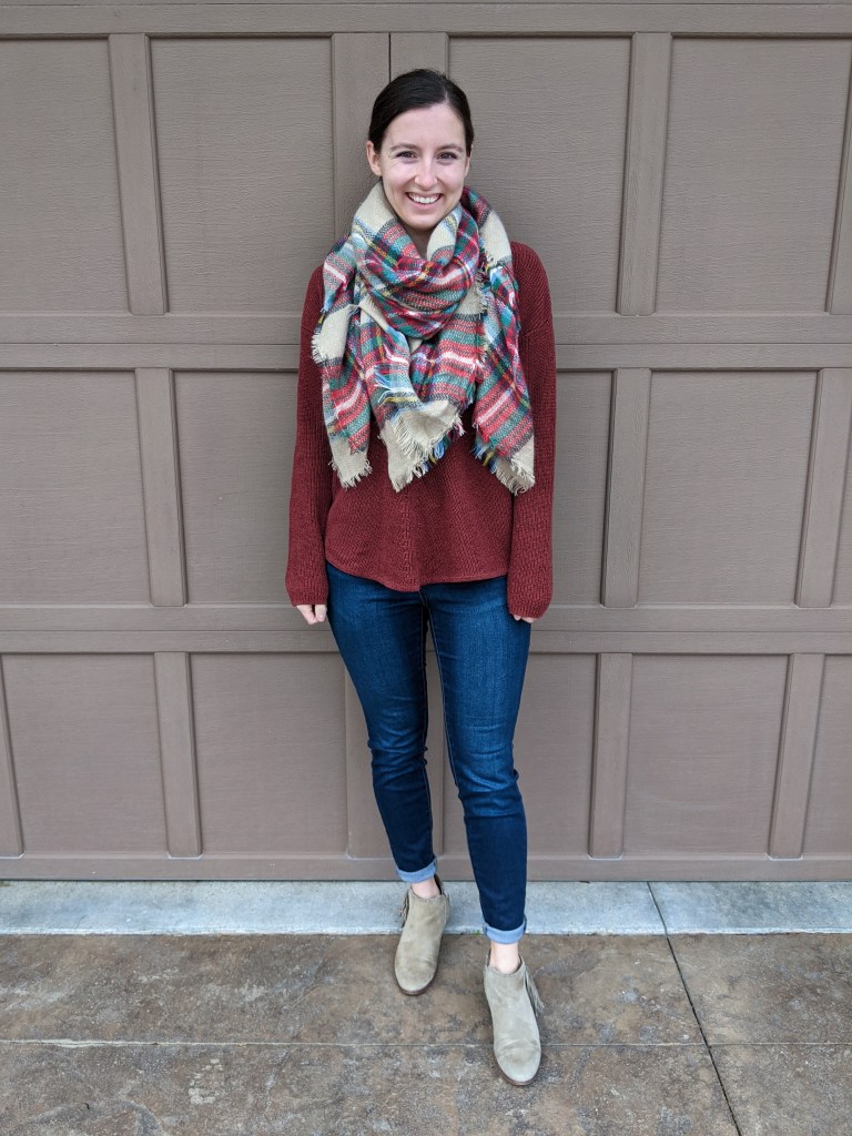 plaid-blanket-scarf-rust-sweater-skinny-jeans-beige-booties