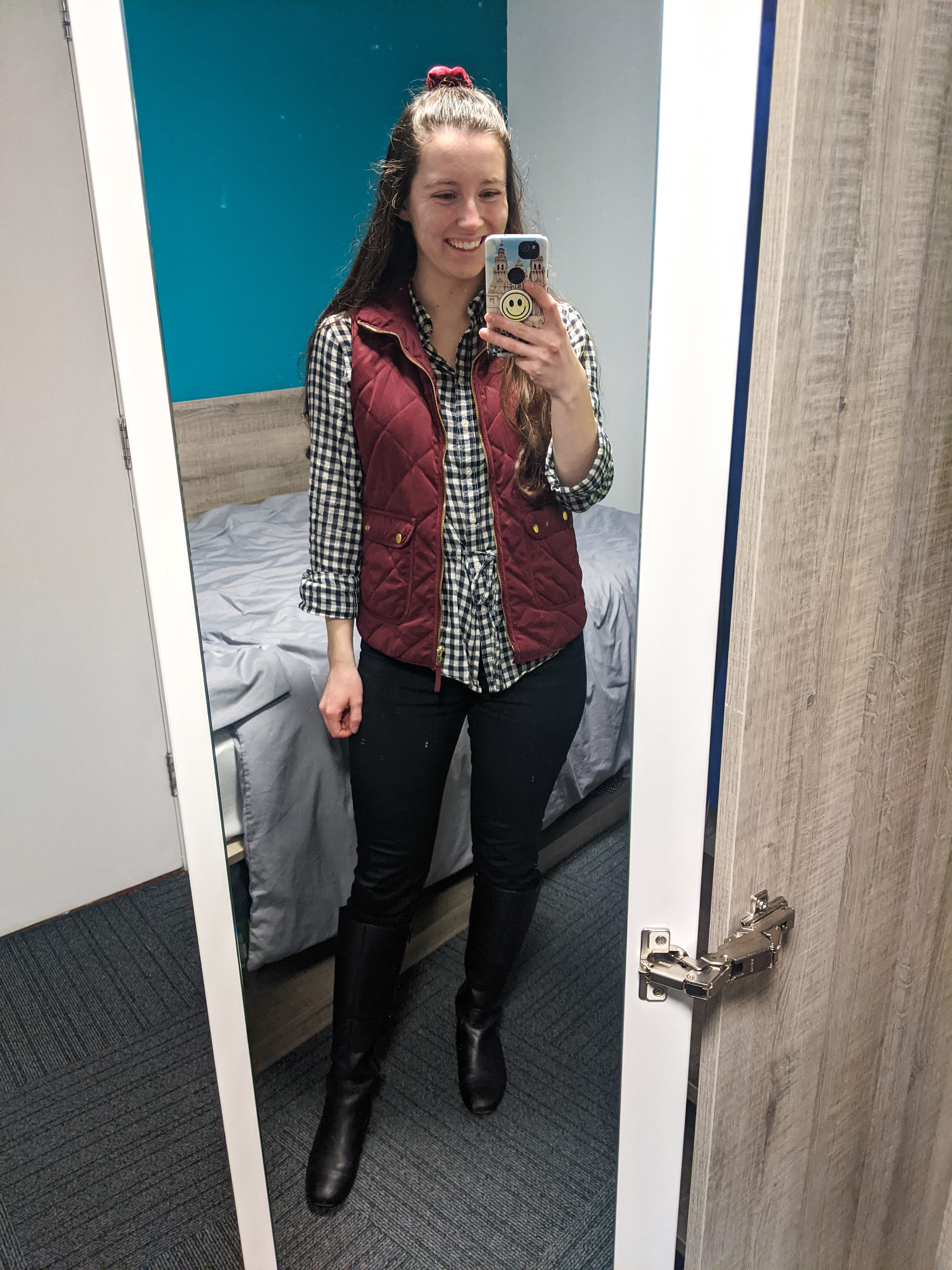 maroon-quilted-vest-buffalo-check-shirt-black-pants
