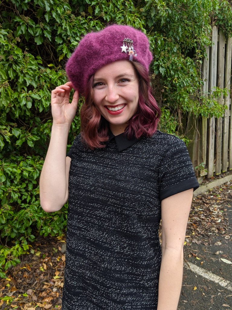 raspberry-beret-brooch-tweed-dress