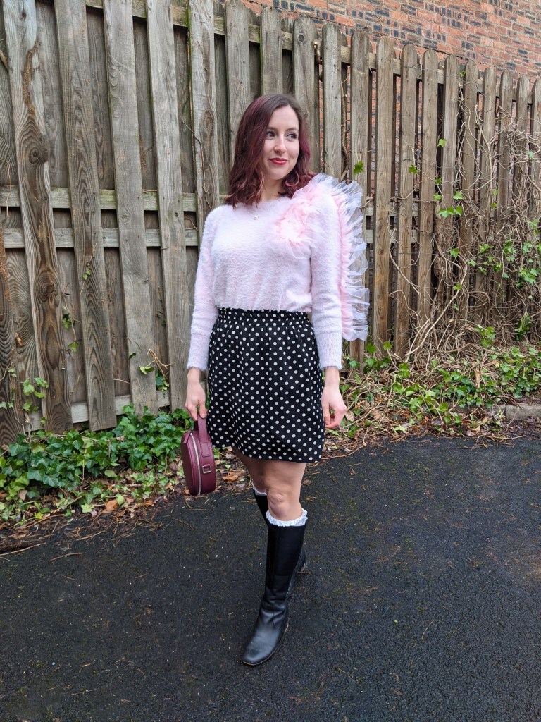 pink-ruffle-sweater-polka-dot-skirt-black-knee-boots