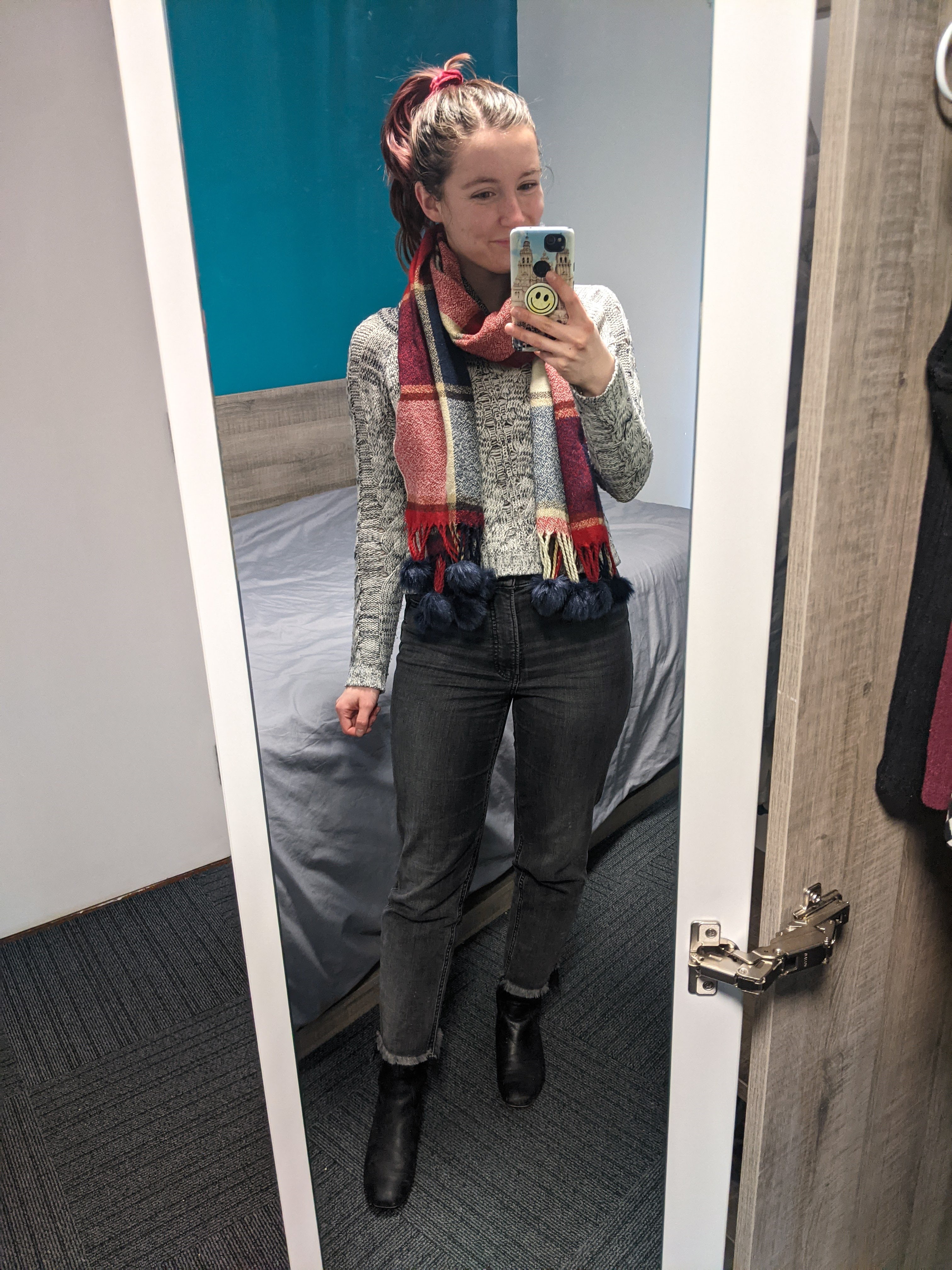 plaid-scarf-grey-sweater-mom-jeans-express