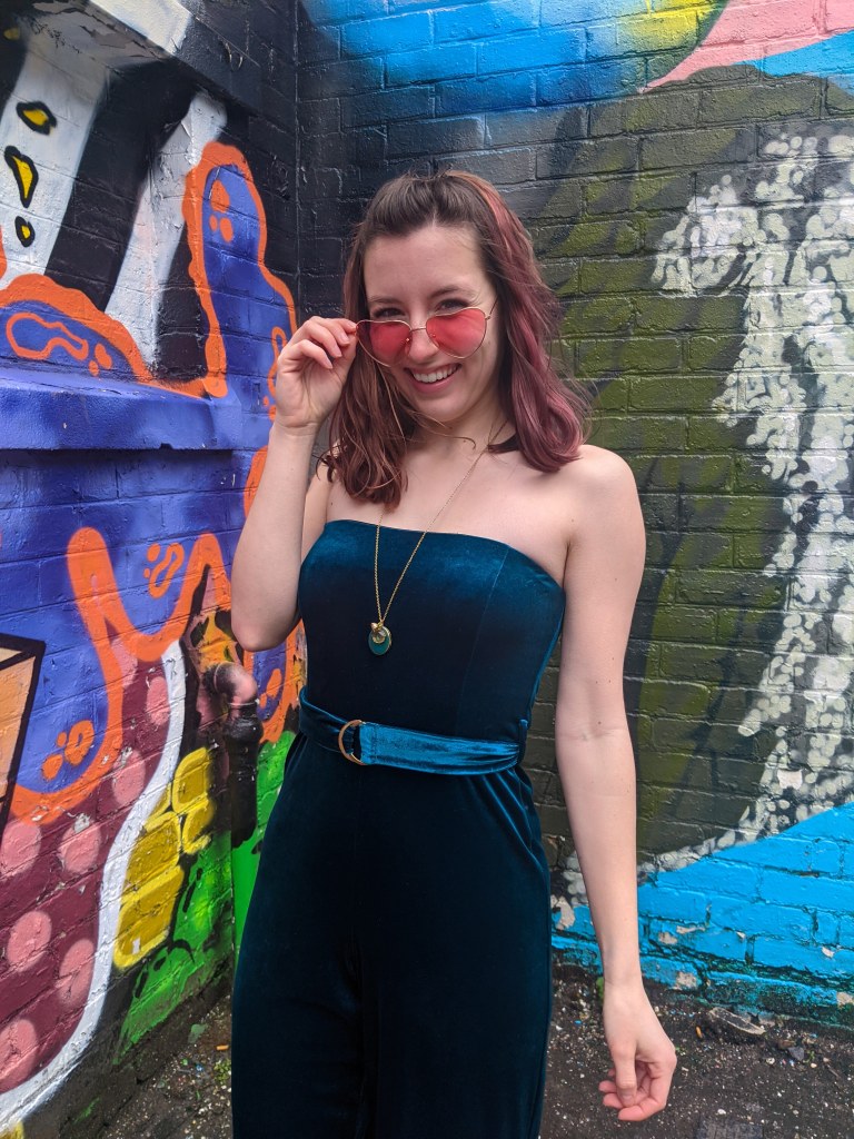 heart-sunglasses-teal-jumpsuit-velour-thrifted