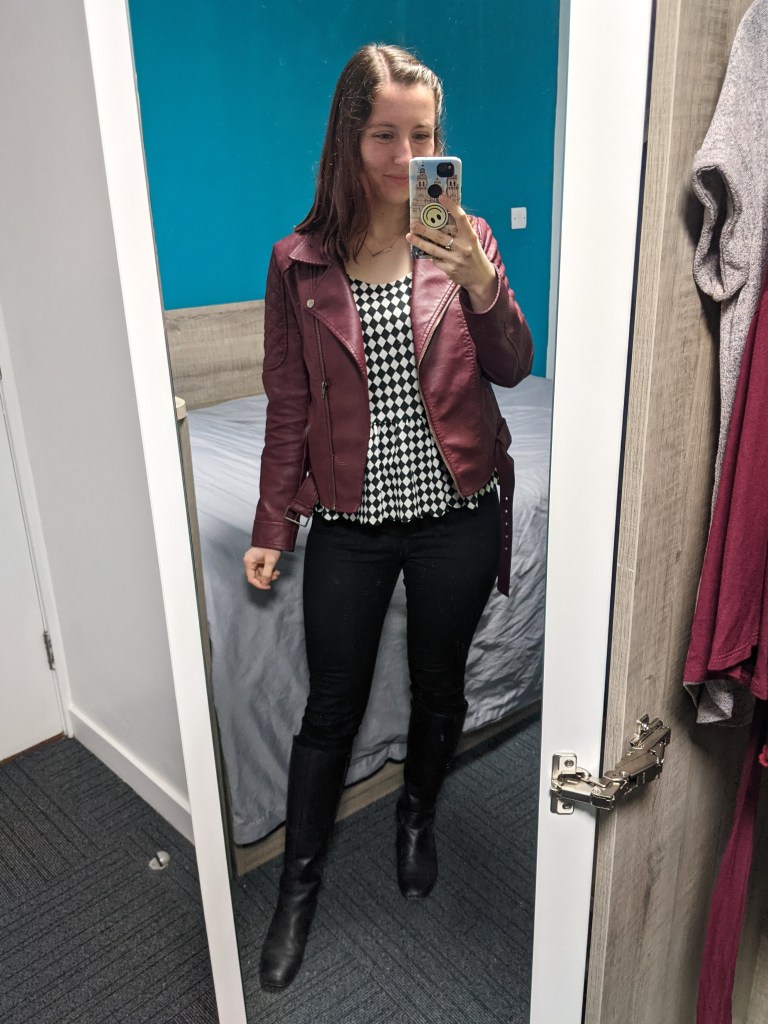 checkered-top-maroon-moto-jacket-black-skinny-jeans