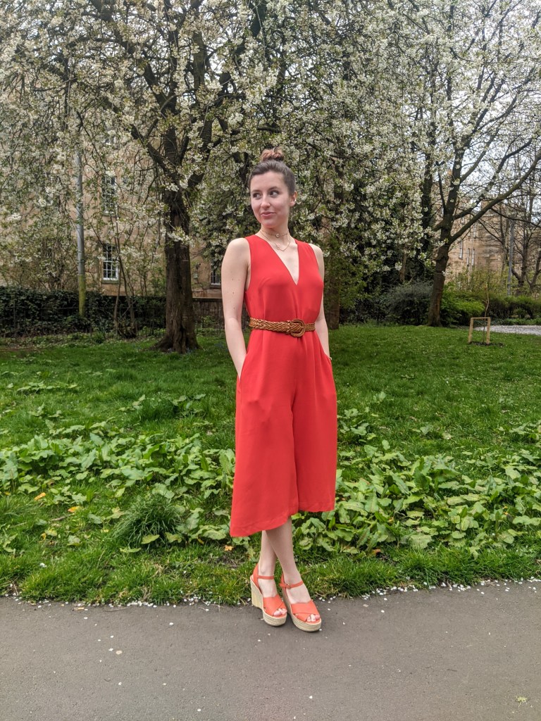 thrifty-secondhand-charity-shop-glasgow-red-jumpsuit-wedges