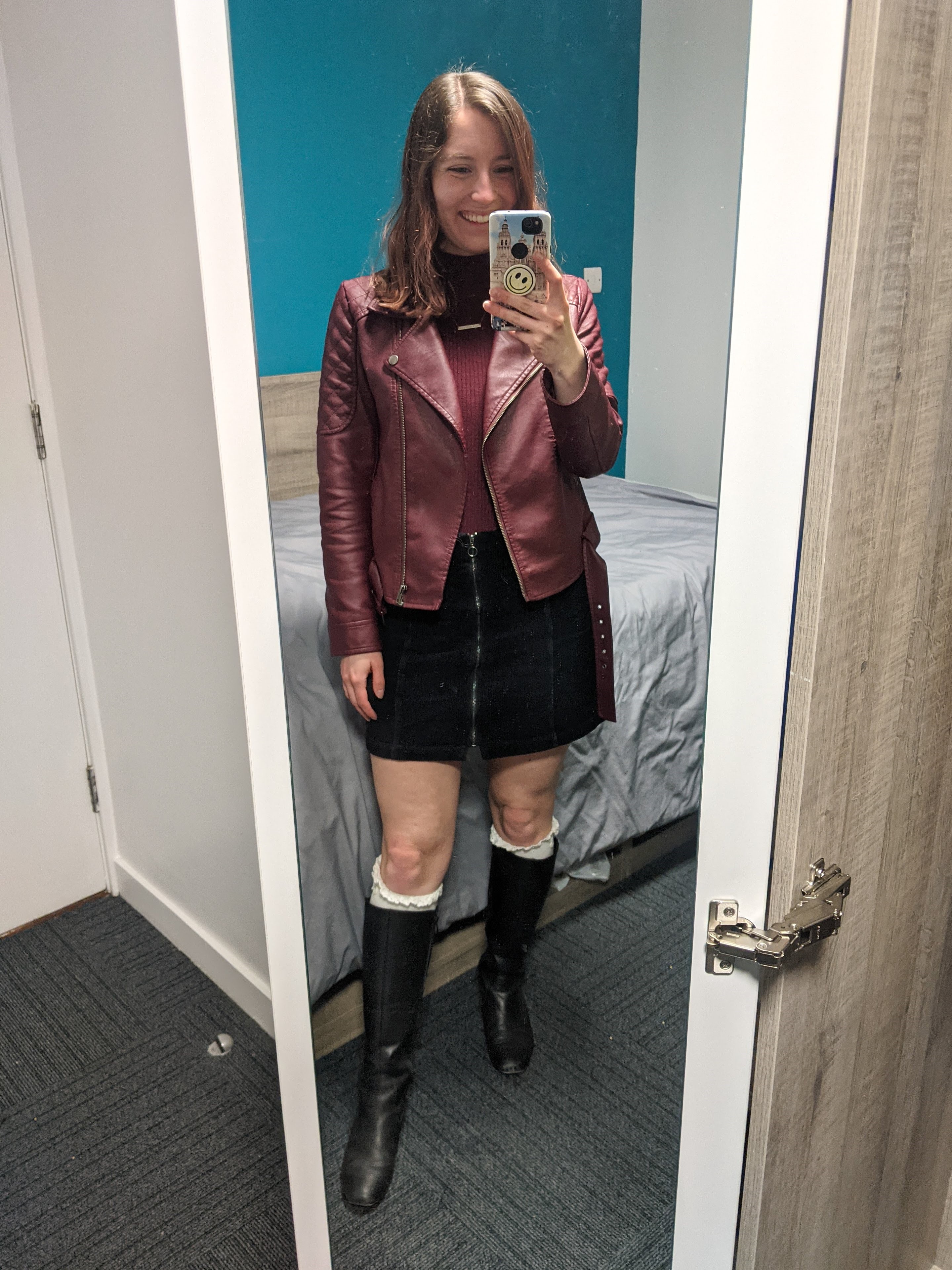 maroon-moto-jacket-mock-neck-corduroy-skirt-knee-boots