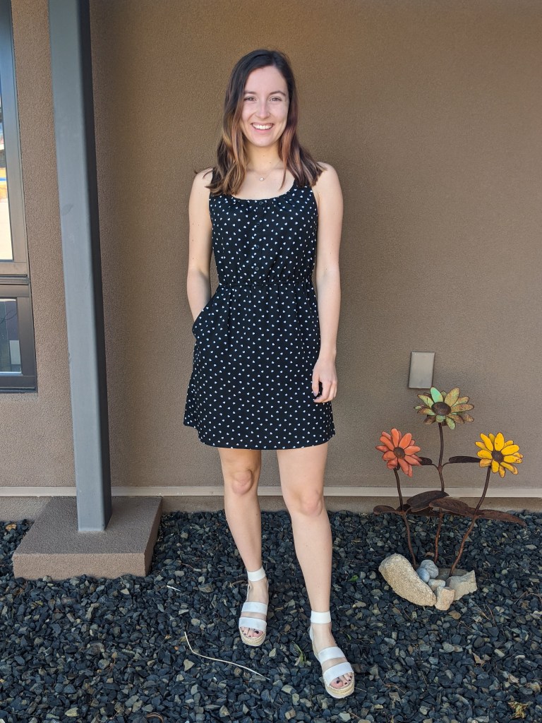 black-polka-dot-dress-white-sandals