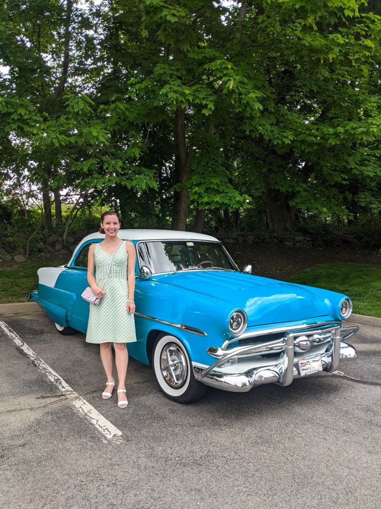 old-car-plaid-dress-thrifted-white-heels-kate-spade-purse