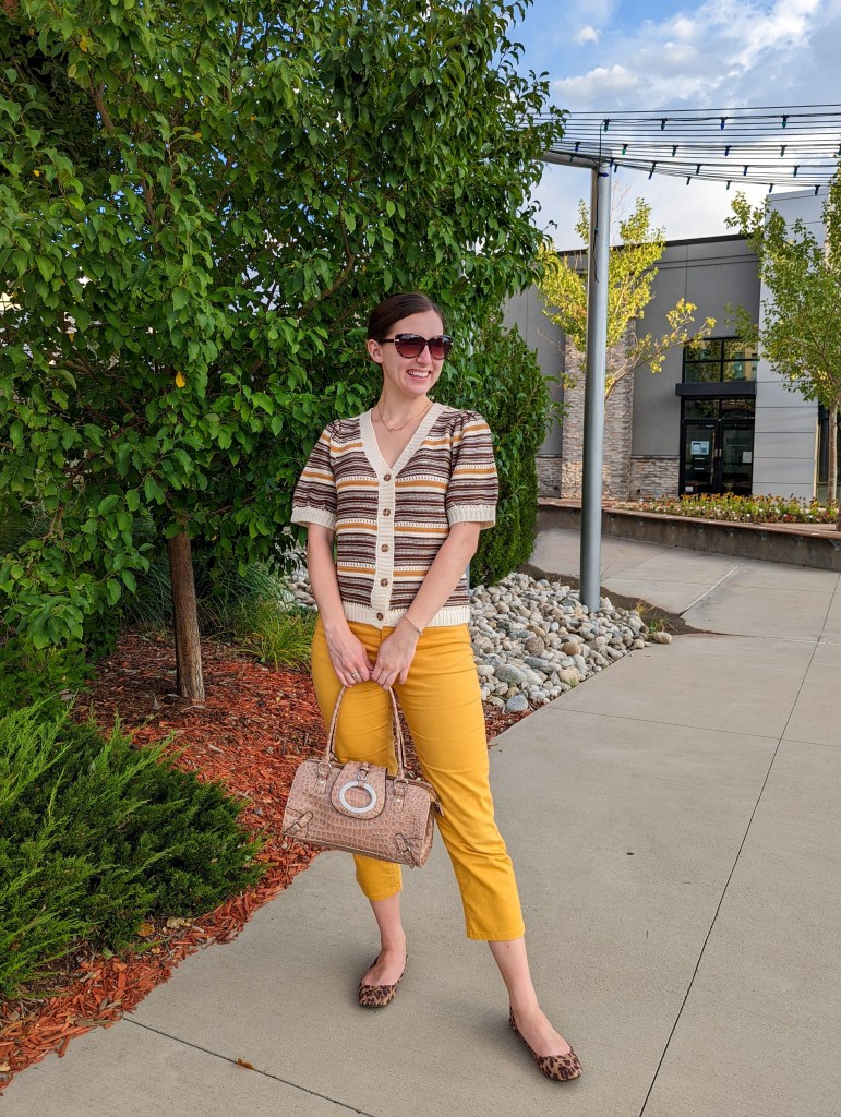 striped-sweater-yellow-pants-leopard-flats-brown-purse