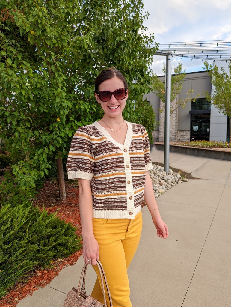 striped-sweater-brown-sunglasses-mustard-pants
