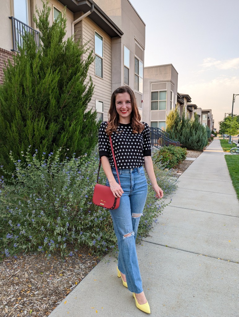 straight-leg-jeans-express-red-purse-kate-spade-yellow-heels